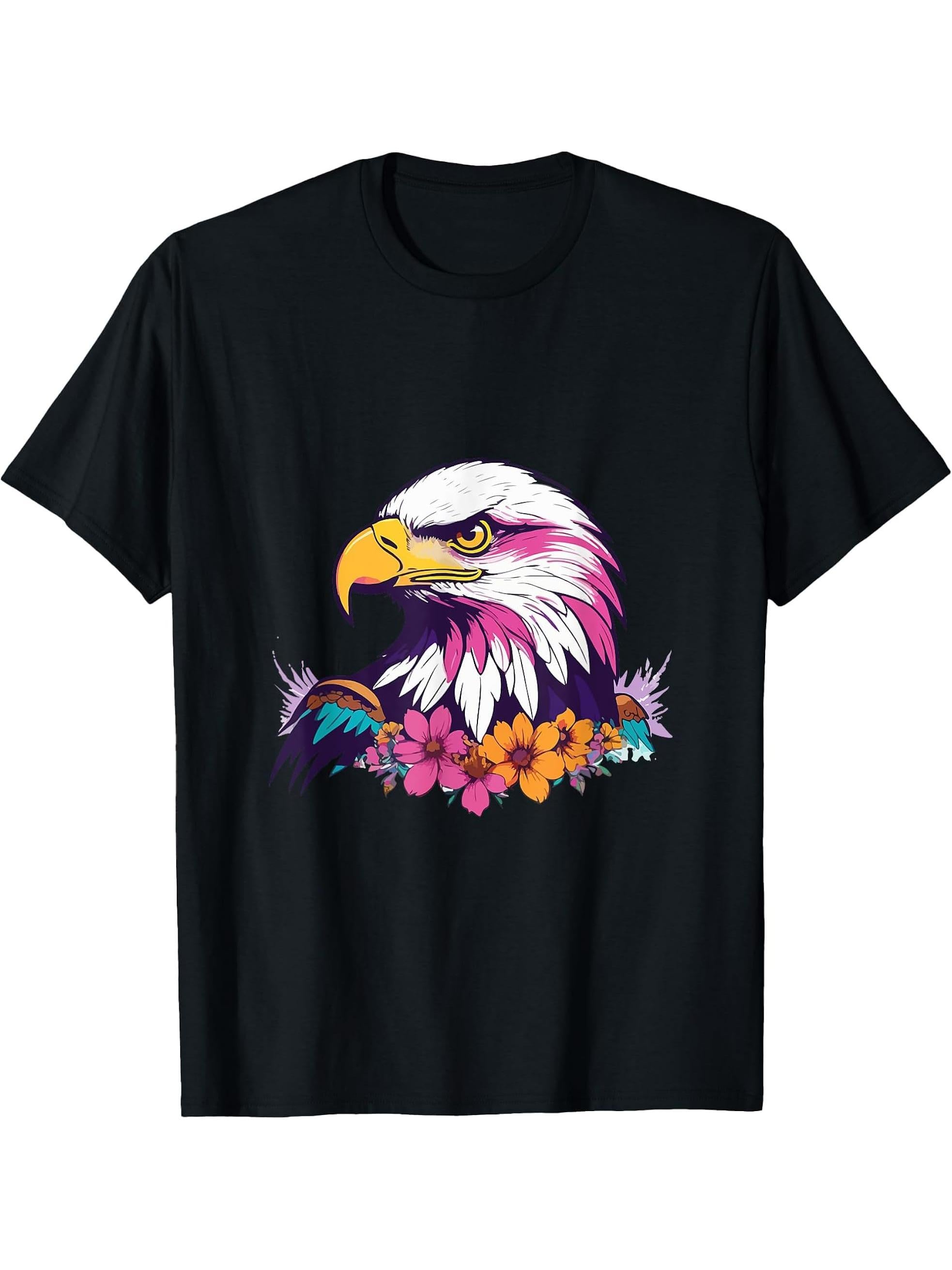 Proud Eagle Art with Colorful Flower - Bald Eagle T-Shirt 180G 100% Cotton Printed Round Neck Short-Sleeve T-Shirt, Gifts for Men Dad Husband Grandpa, S-XXXL, Black