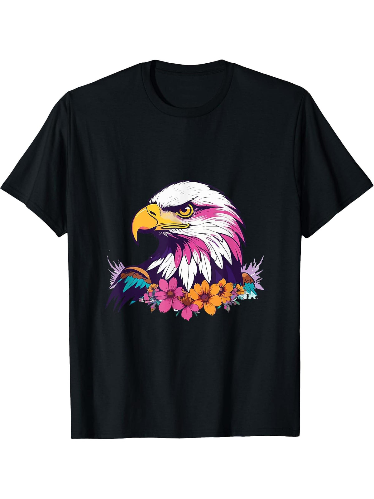 Proud Eagle Art with Colorful Flower - Bald Eagle T-Shirt 180G 100% Cotton Printed Round Neck Short-Sleeve T-Shirt, Gifts for Men Dad Husband Grandpa, S-XXXL, Black