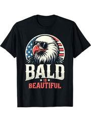 Bald is Beautiful 4th of July USA Patriotic Funny Bald Eagle T-Shirt 180G 100% Cotton Printed Round Neck Short-Sleeve T-Shirt, Gifts for Men Dad Husband Grandpa, S-XXXL, Black