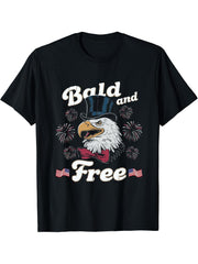 Bald And Free 4th of July Independence Day Bald Eagle T-Shirt 180G 100% Cotton Printed Round Neck Short-Sleeve T-Shirt, Gifts for Men Dad Husband Grandpa, S-XXXL, Black