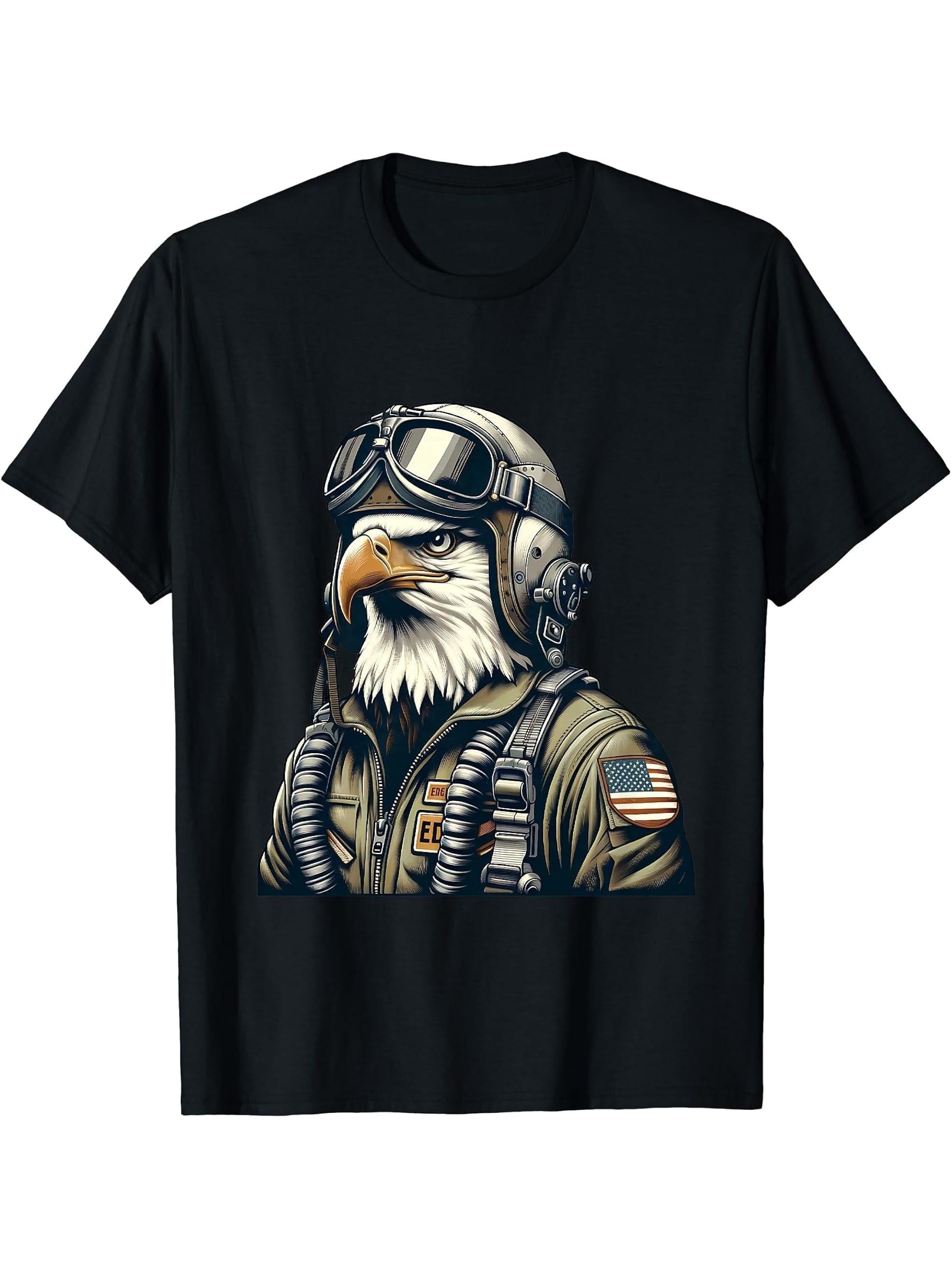Bald Eagle Pilot Fighter Aviator T-Shirt 180G 100% Cotton Printed Round Neck Short-Sleeve T-Shirt, Gifts for Men Dad Husband Grandpa, S-XXXL, Black