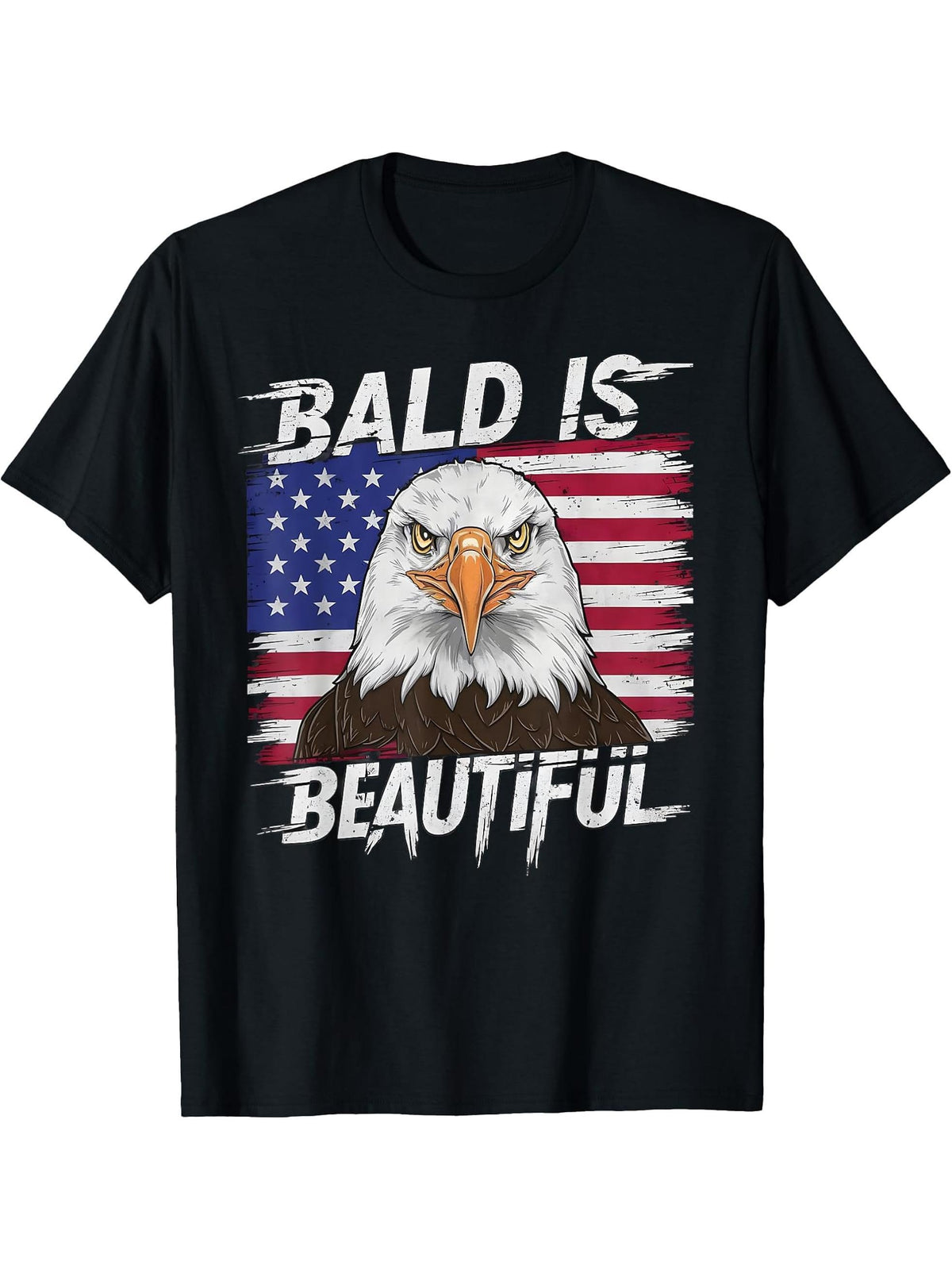 Bald Is Beautiful Patriotic Men Women Funny Bald Eagle T-Shirt 180G 100% Cotton Printed Round Neck Short-Sleeve T-Shirt, Gifts for Men Dad Husband Grandpa, S-XXXL, Black