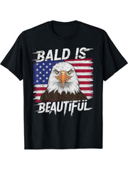 Bald Is Beautiful Patriotic Men Women Funny Bald Eagle T-Shirt 180G 100% Cotton Printed Round Neck Short-Sleeve T-Shirt, Gifts for Men Dad Husband Grandpa, S-XXXL, Black