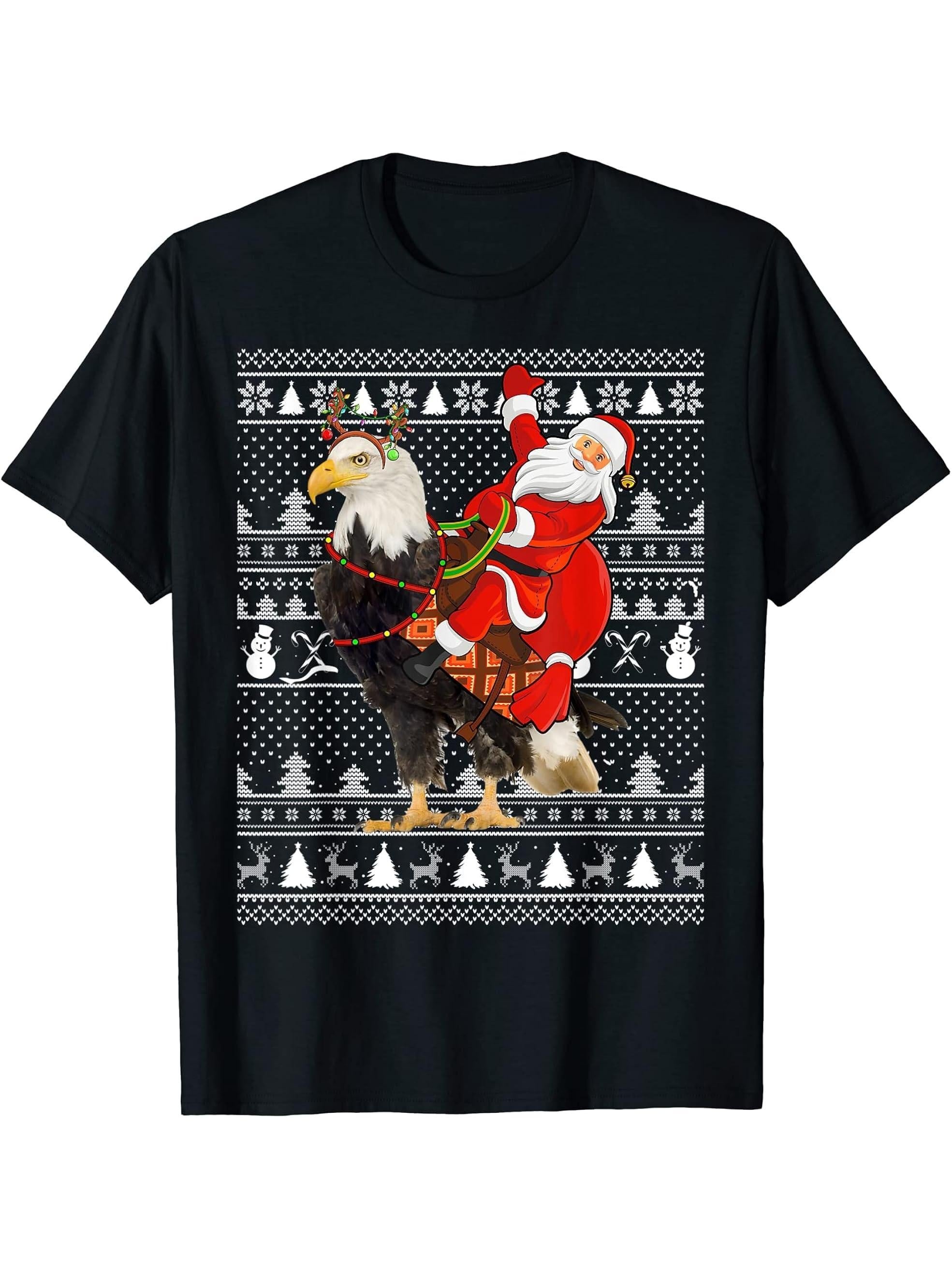 Bald Eagle Bird Lover Santa Riding Bald Eagle Ugly Christmas T-Shirt 180G 100% Cotton Printed Round Neck Short-Sleeve T-Shirt, Gifts for Men Dad Husband Grandpa, S-XXXL, Black
