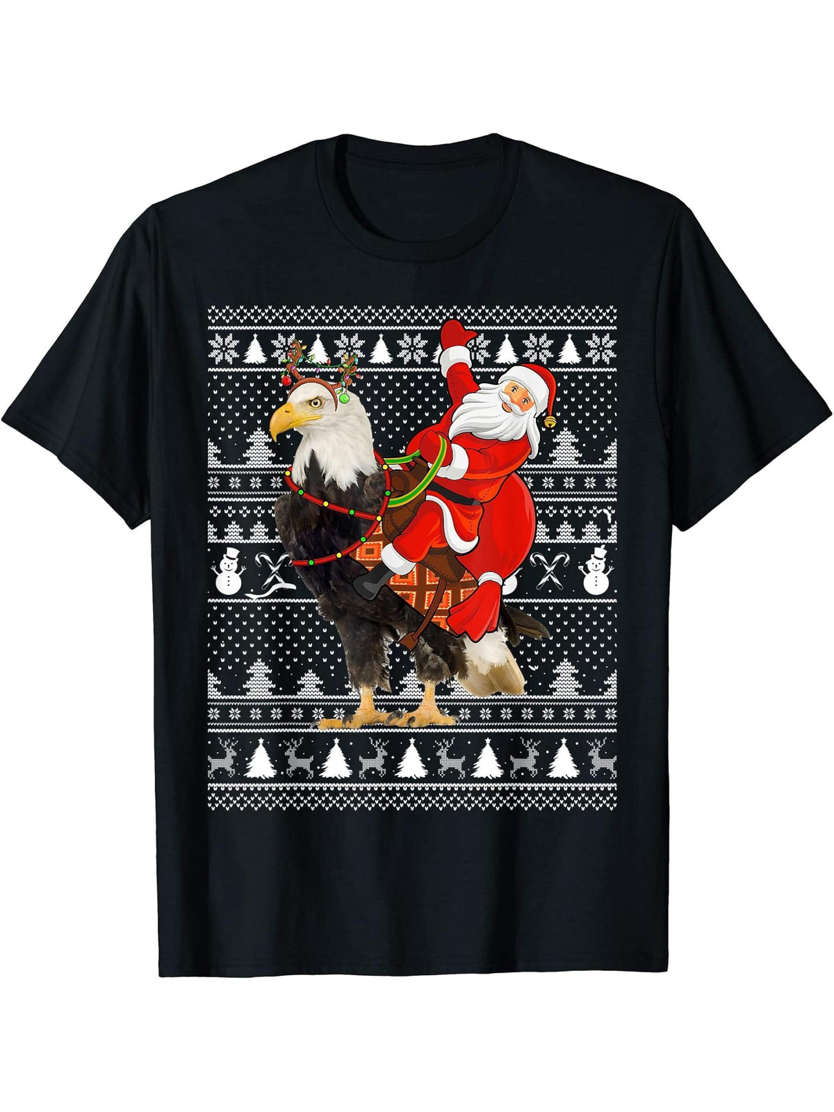 Bald Eagle Bird Lover Santa Riding Bald Eagle Ugly Christmas T-Shirt 180G 100% Cotton Printed Round Neck Short-Sleeve T-Shirt, Gifts for Men Dad Husband Grandpa, S-XXXL, Black
