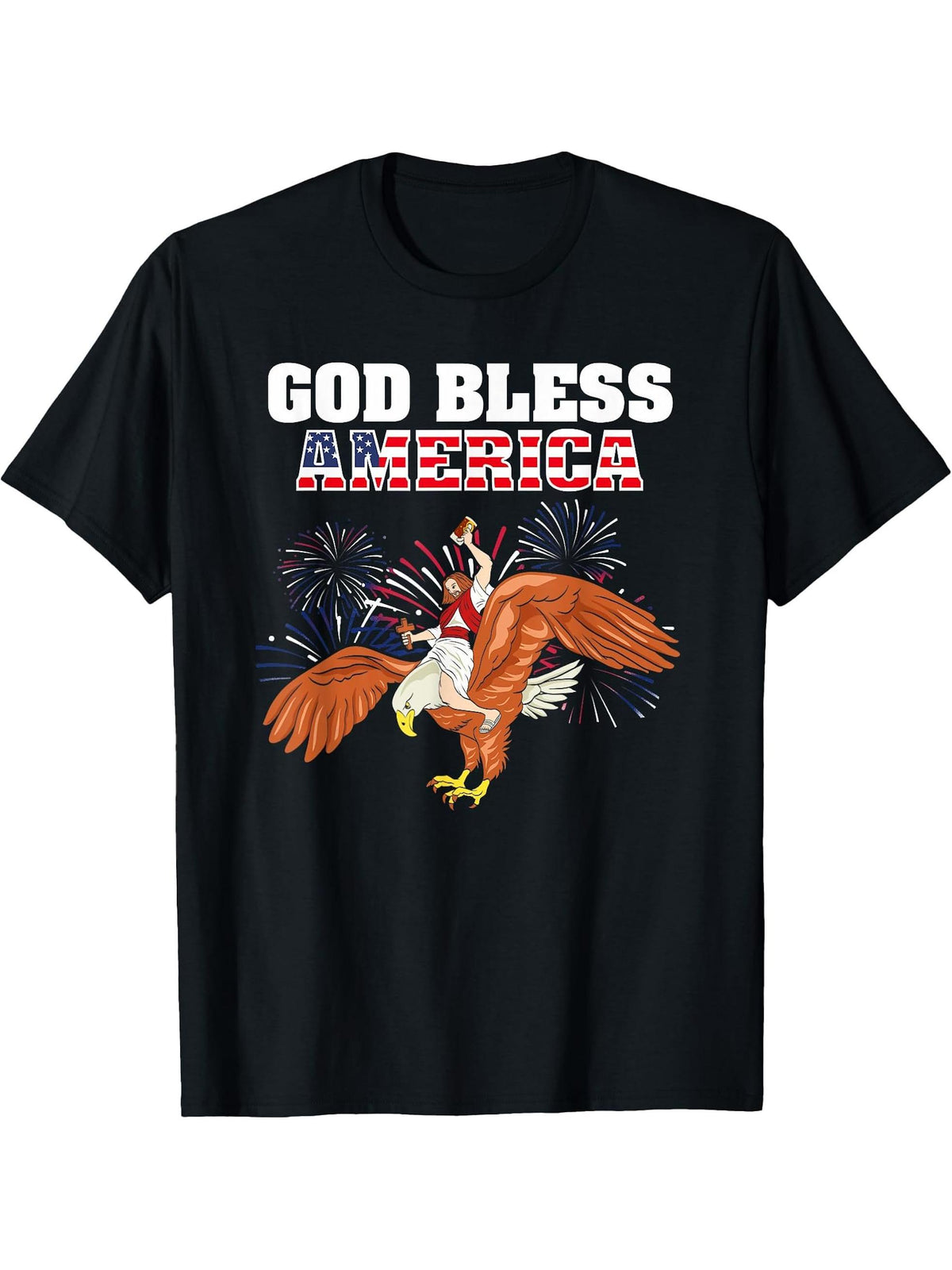 God Bless America shirt Jesus Riding a Bald Eagle t-shirt T-Shirt 180G 100% Cotton Printed Round Neck Short-Sleeve T-Shirt, Gifts for Men Dad Husband Grandpa, S-XXXL, Black