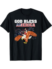 God Bless America shirt Jesus Riding a Bald Eagle t-shirt T-Shirt 180G 100% Cotton Printed Round Neck Short-Sleeve T-Shirt, Gifts for Men Dad Husband Grandpa, S-XXXL, Black