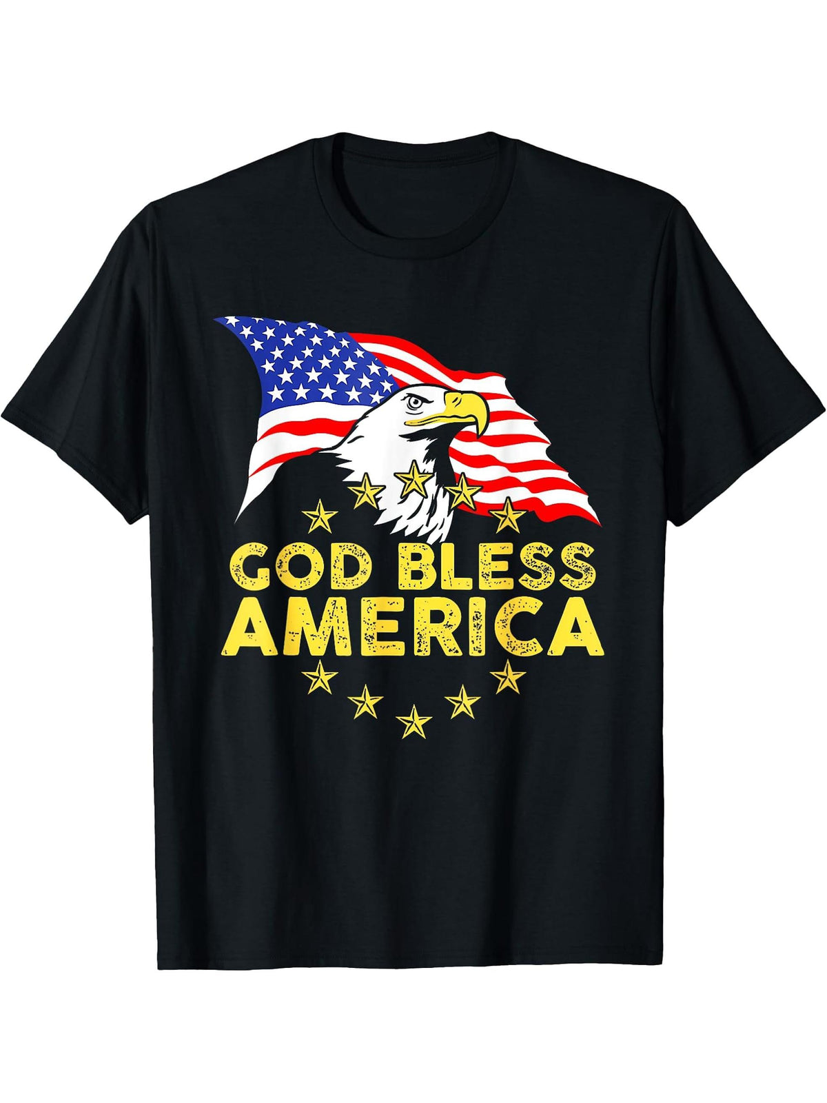 God Bless America Patriotic Bald Eagle US American Flag T-Shirt 180G 100% Cotton Printed Round Neck Short-Sleeve T-Shirt, Gifts for Men Dad Husband Grandpa, S-XXXL, Black