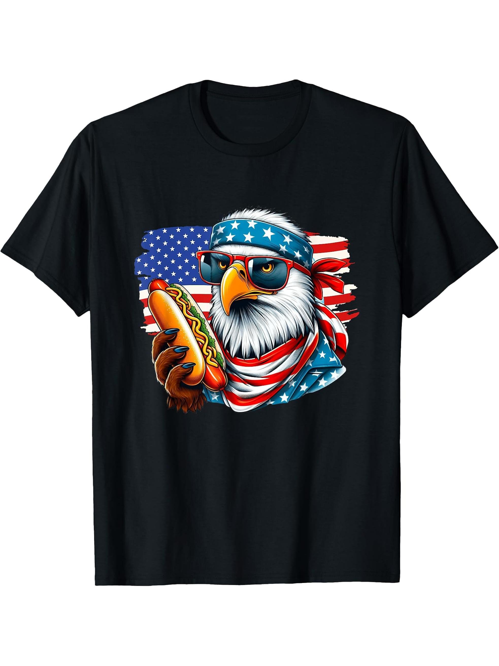 Funny Hotdog American Flag 4th Of July Patriotic Bald-Eagle T-Shirt 180G 100% Cotton Printed Round Neck Short-Sleeve T-Shirt, Gifts for Men Dad Husband Grandpa, S-XXXL, Black