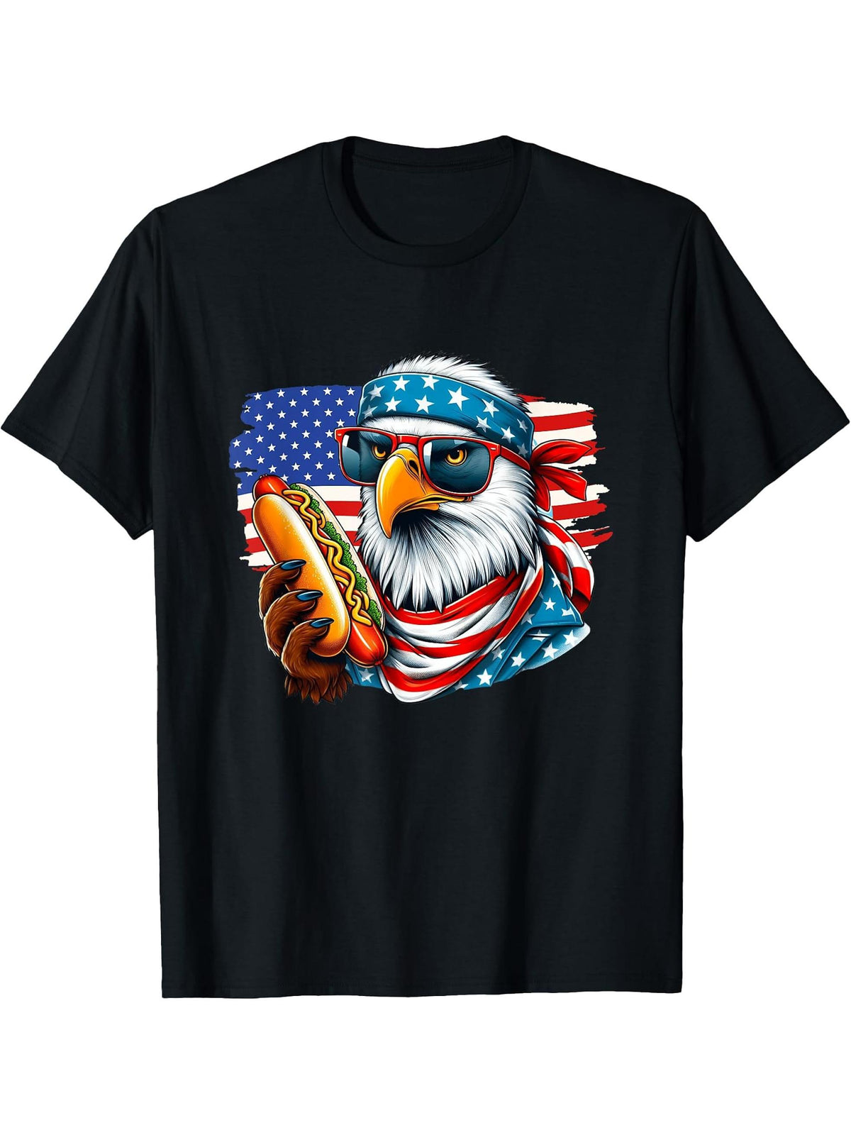 Funny Hotdog American Flag 4th Of July Patriotic Bald-Eagle T-Shirt 180G 100% Cotton Printed Round Neck Short-Sleeve T-Shirt, Gifts for Men Dad Husband Grandpa, S-XXXL, Black