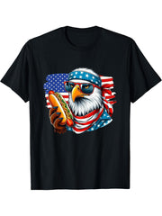 Funny Hotdog American Flag 4th Of July Patriotic Bald-Eagle T-Shirt 180G 100% Cotton Printed Round Neck Short-Sleeve T-Shirt, Gifts for Men Dad Husband Grandpa, S-XXXL, Black