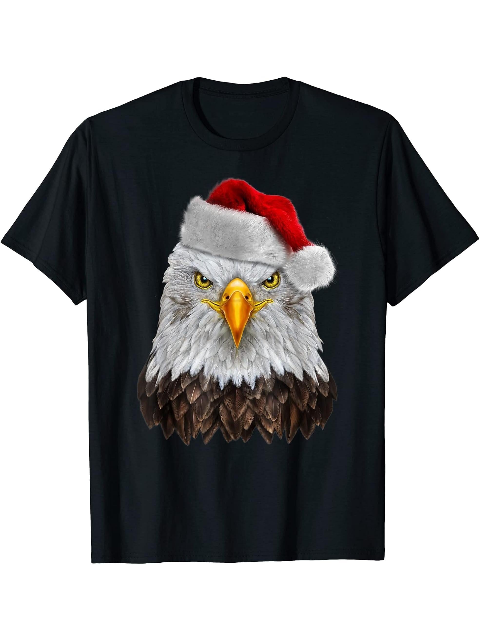 Bald Eagle in Christmas, Santa Hat - T-Shirt 180G 100% Cotton Printed Round Neck Short-Sleeve T-Shirt, Gifts for Men Dad Husband Grandpa, S-XXXL, Black