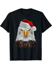 Bald Eagle in Christmas, Santa Hat - T-Shirt 180G 100% Cotton Printed Round Neck Short-Sleeve T-Shirt, Gifts for Men Dad Husband Grandpa, S-XXXL, Black
