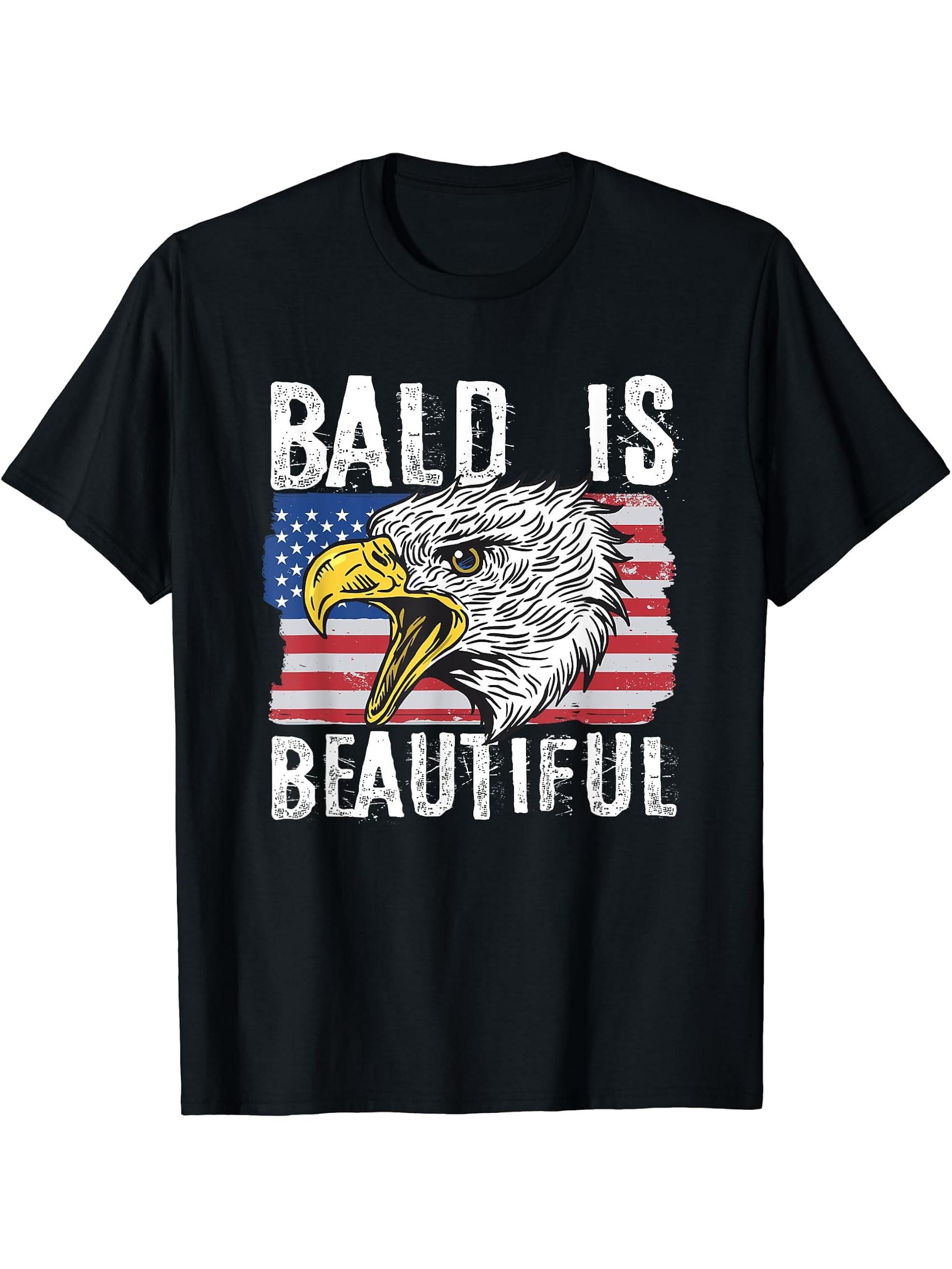Bald Is Beautiful 4th of July Independence Day Bald Eagle T-Shirt 180G 100% Cotton Printed Round Neck Short-Sleeve T-Shirt, Gifts for Men Dad Husband Grandpa, S-XXXL, Black