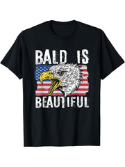 Bald Is Beautiful 4th of July Independence Day Bald Eagle T-Shirt 180G 100% Cotton Printed Round Neck Short-Sleeve T-Shirt, Gifts for Men Dad Husband Grandpa, S-XXXL, Black