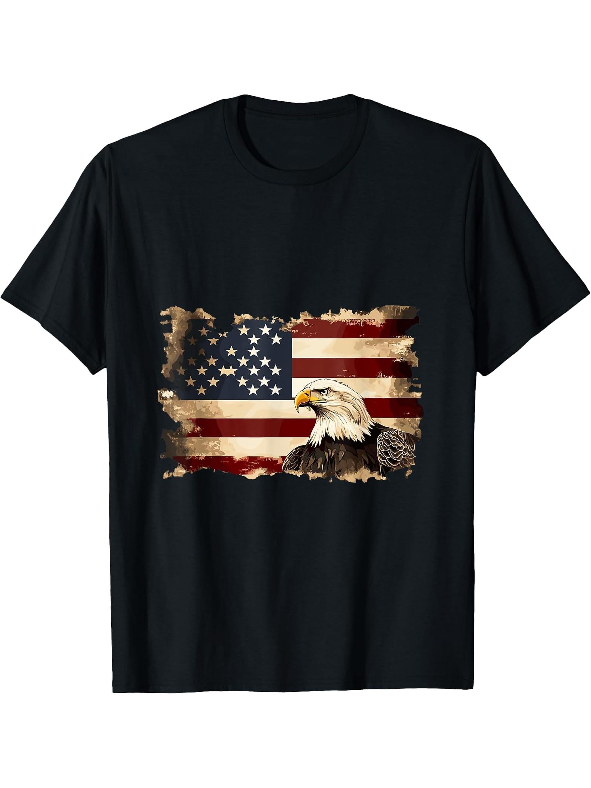 American Flag Bald Eagle Patriotic Apparel T-Shirt 180G 100% Cotton Printed Round Neck Short-Sleeve T-Shirt, Gifts for Men Dad Husband Grandpa, S-XXXL, Black