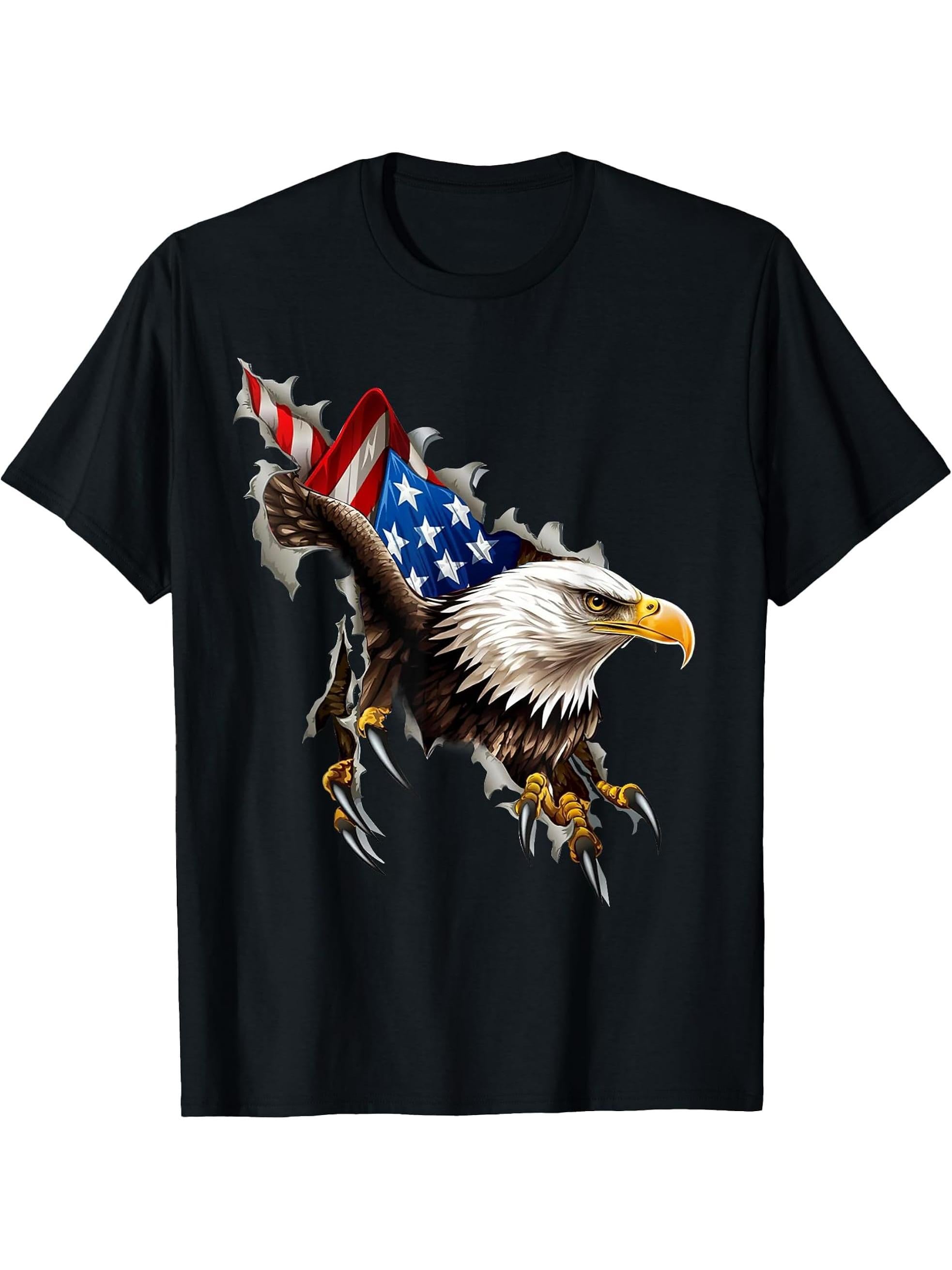 Eagle Flag American USA Patriotic 4th of July Bald Eagle T-Shirt 180G 100% Cotton Printed Round Neck Short-Sleeve T-Shirt, Gifts for Men Dad Husband Grandpa, S-XXXL, Black