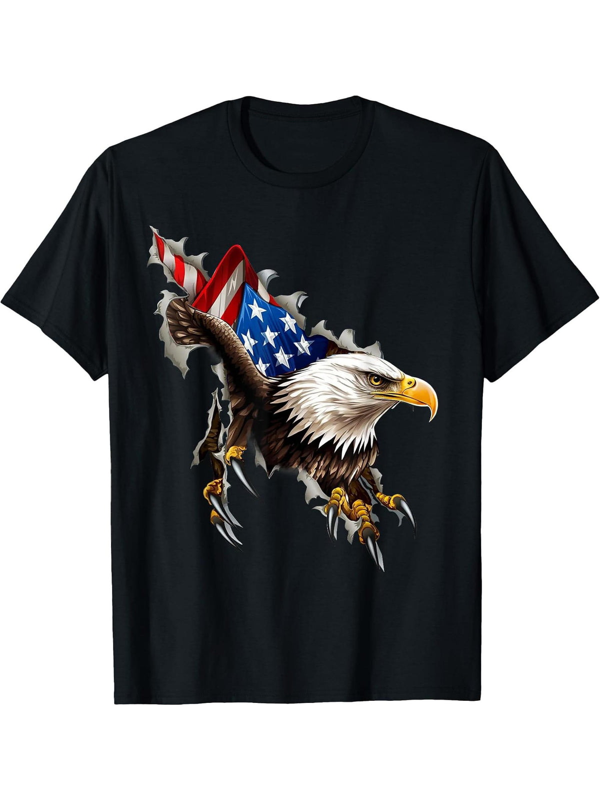 Eagle Flag American USA Patriotic 4th of July Bald Eagle T-Shirt 180G 100% Cotton Printed Round Neck Short-Sleeve T-Shirt, Gifts for Men Dad Husband Grandpa, S-XXXL, Black