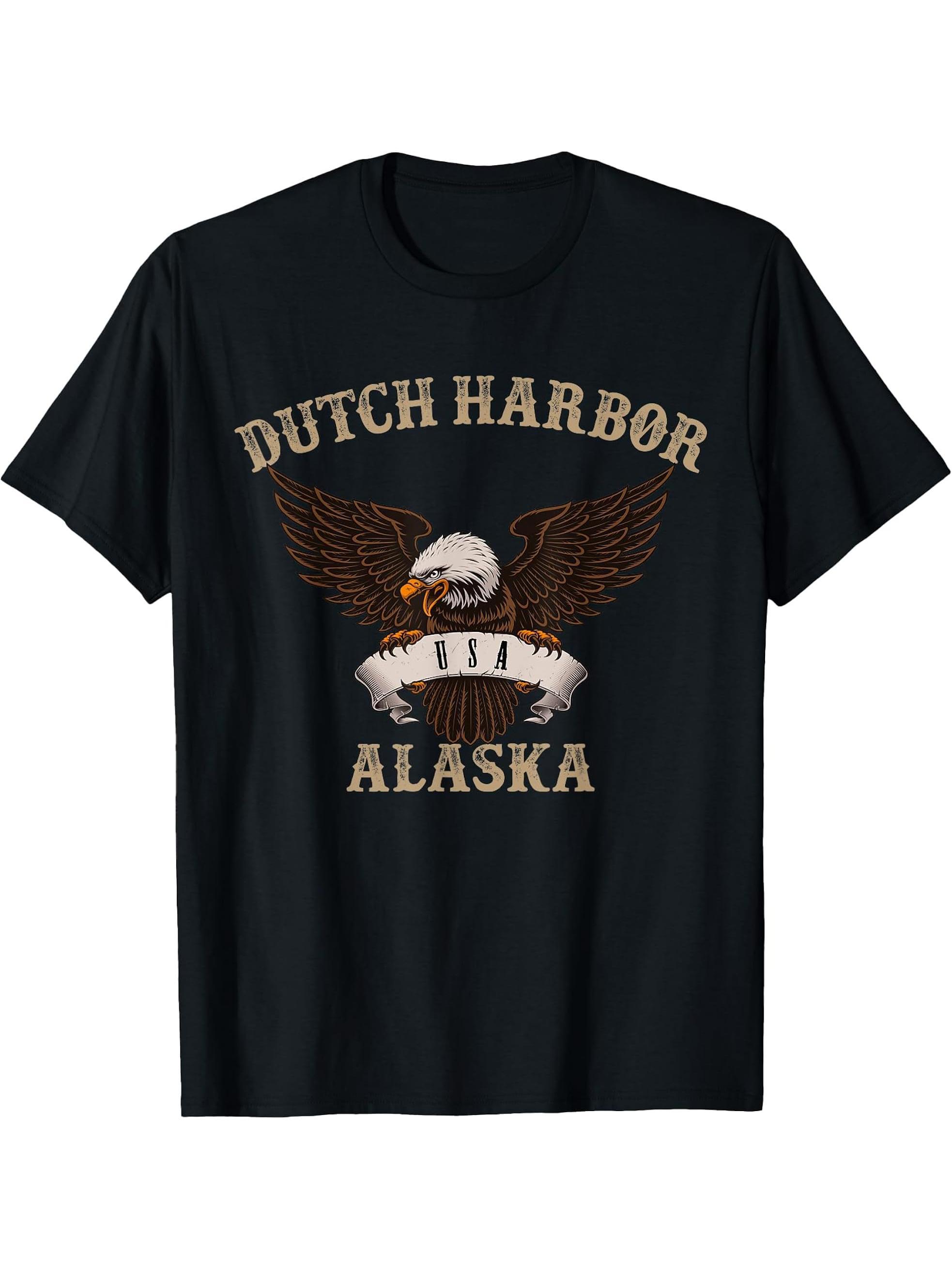 Dutch Harbor Alaska USA Bald Eagle T-Shirt 180G 100% Cotton Printed Round Neck Short-Sleeve T-Shirt, Gifts for Men Dad Husband Grandpa, S-XXXL, Black