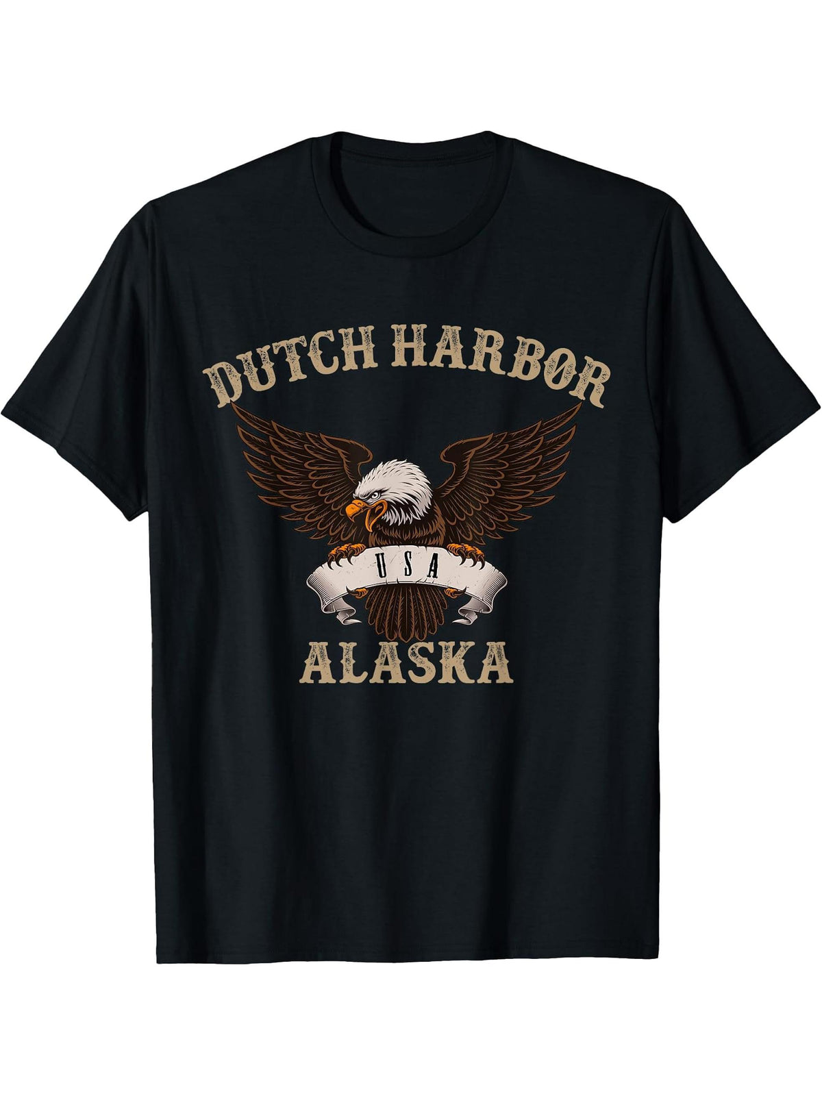 Dutch Harbor Alaska USA Bald Eagle T-Shirt 180G 100% Cotton Printed Round Neck Short-Sleeve T-Shirt, Gifts for Men Dad Husband Grandpa, S-XXXL, Black