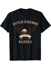 Dutch Harbor Alaska USA Bald Eagle T-Shirt 180G 100% Cotton Printed Round Neck Short-Sleeve T-Shirt, Gifts for Men Dad Husband Grandpa, S-XXXL, Black