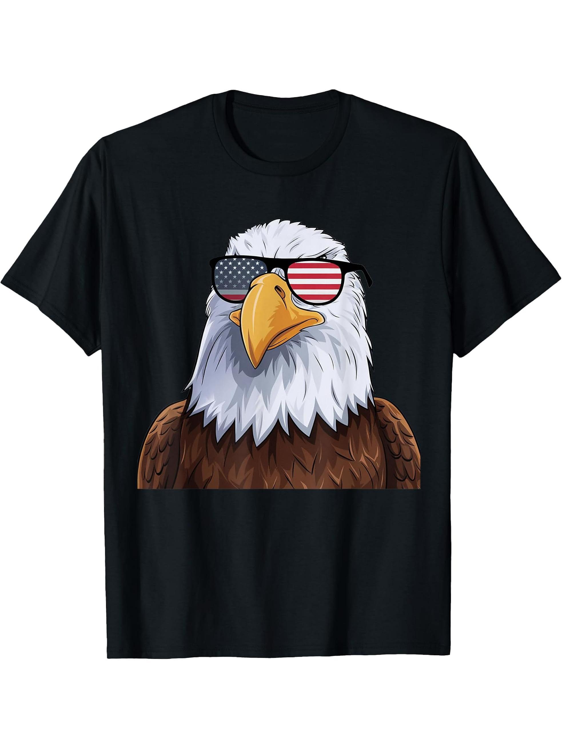 Bald Eagle with Sunglasses Design T-Shirt 180G 100% Cotton Printed Round Neck Short-Sleeve T-Shirt, Gifts for Men Dad Husband Grandpa, S-XXXL, Black
