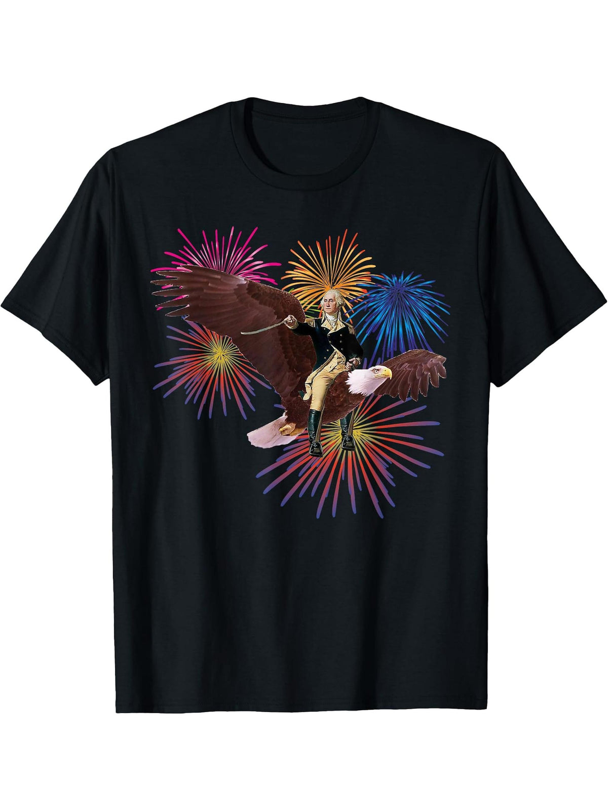 George Washington Riding a Bald Eagle 4th of July T-Shirt T-Shirt 180G 100% Cotton Printed Round Neck Short-Sleeve T-Shirt, Gifts for Men Dad Husband Grandpa, S-XXXL, Black