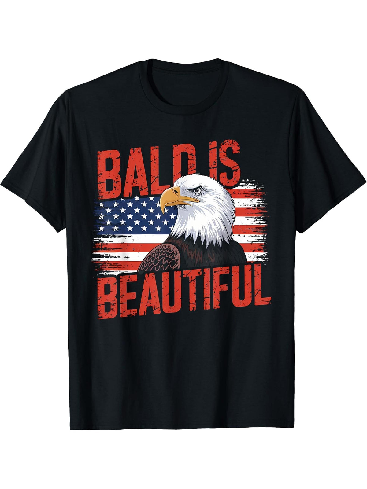 Bald Is Beautiful 4th July Independence Day Bald Eagle Dad T-Shirt 180G 100% Cotton Printed Round Neck Short-Sleeve T-Shirt, Gifts for Men Dad Husband Grandpa, S-XXXL, Black