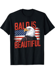 Bald Is Beautiful 4th July Independence Day Bald Eagle Dad T-Shirt 180G 100% Cotton Printed Round Neck Short-Sleeve T-Shirt, Gifts for Men Dad Husband Grandpa, S-XXXL, Black