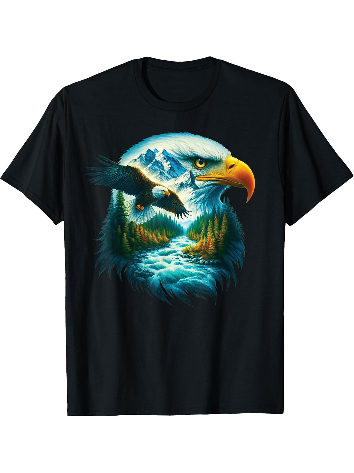 Eagle Wildlife Hiking Nature Outdoor Mountains Forest Art T-Shirt 180G 100% Cotton Printed Round Neck Short-Sleeve T-Shirt, Gifts for Men Dad Husband Grandpa, S-XXXL, Black