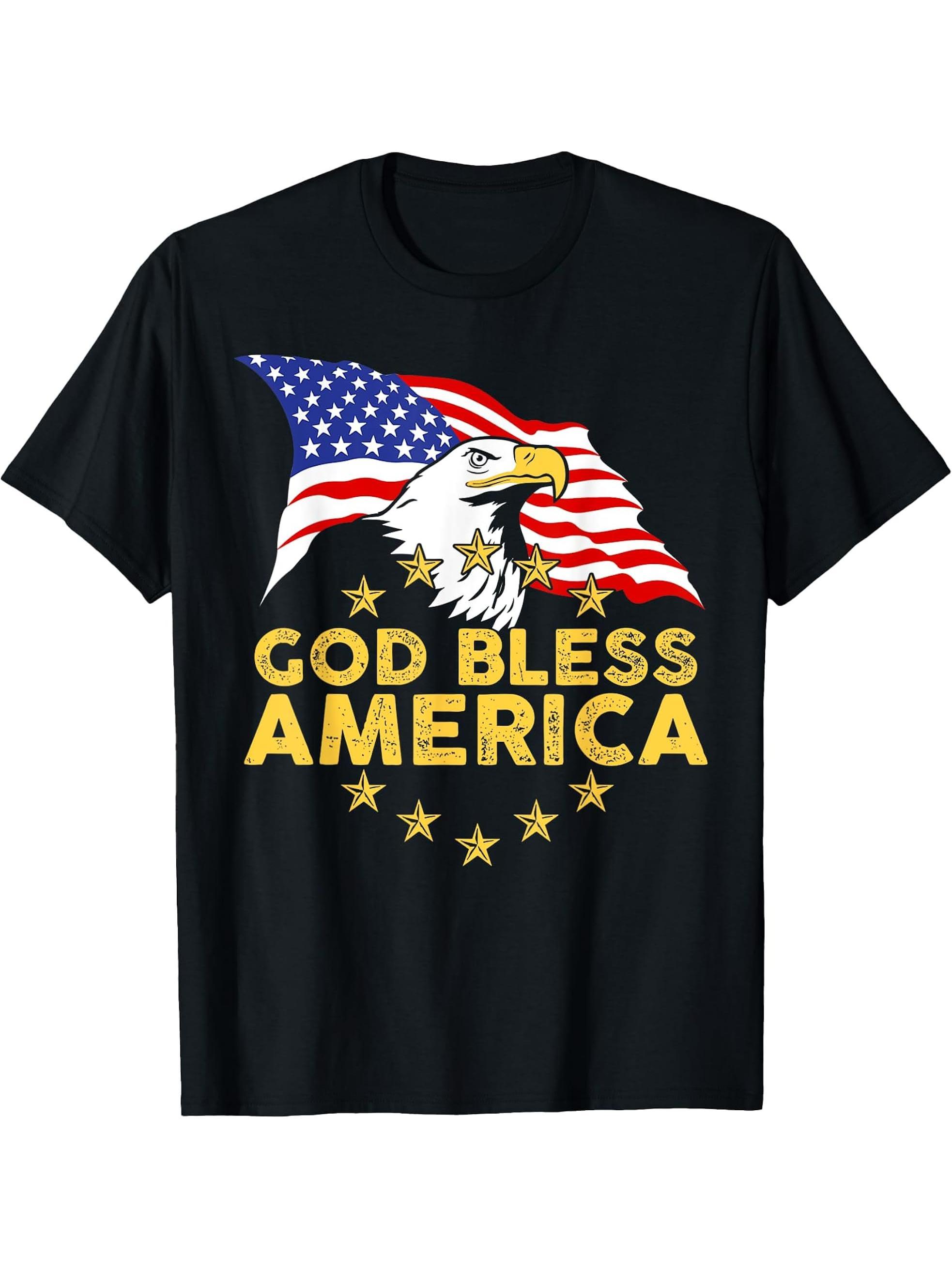 God Bless America | Patriotic Bald Eagle United States T-Shirt 180G 100% Cotton Printed Round Neck Short-Sleeve T-Shirt, Gifts for Men Dad Husband Grandpa, S-XXXL, Black