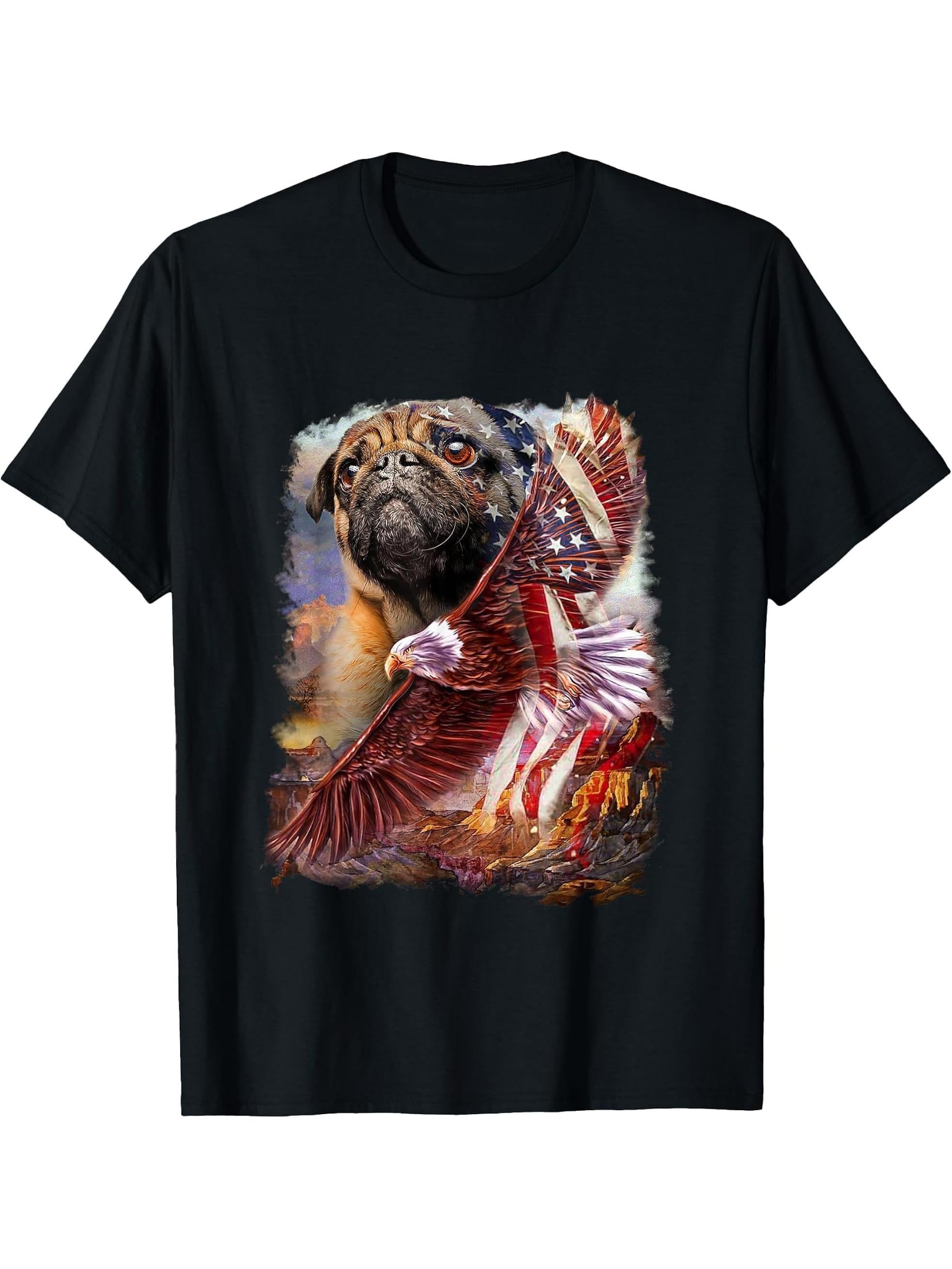 Pug with bald eagle american flag T-Shirt 180G 100% Cotton Printed Round Neck Short-Sleeve T-Shirt, Gifts for Men Dad Husband Grandpa, S-XXXL, Black
