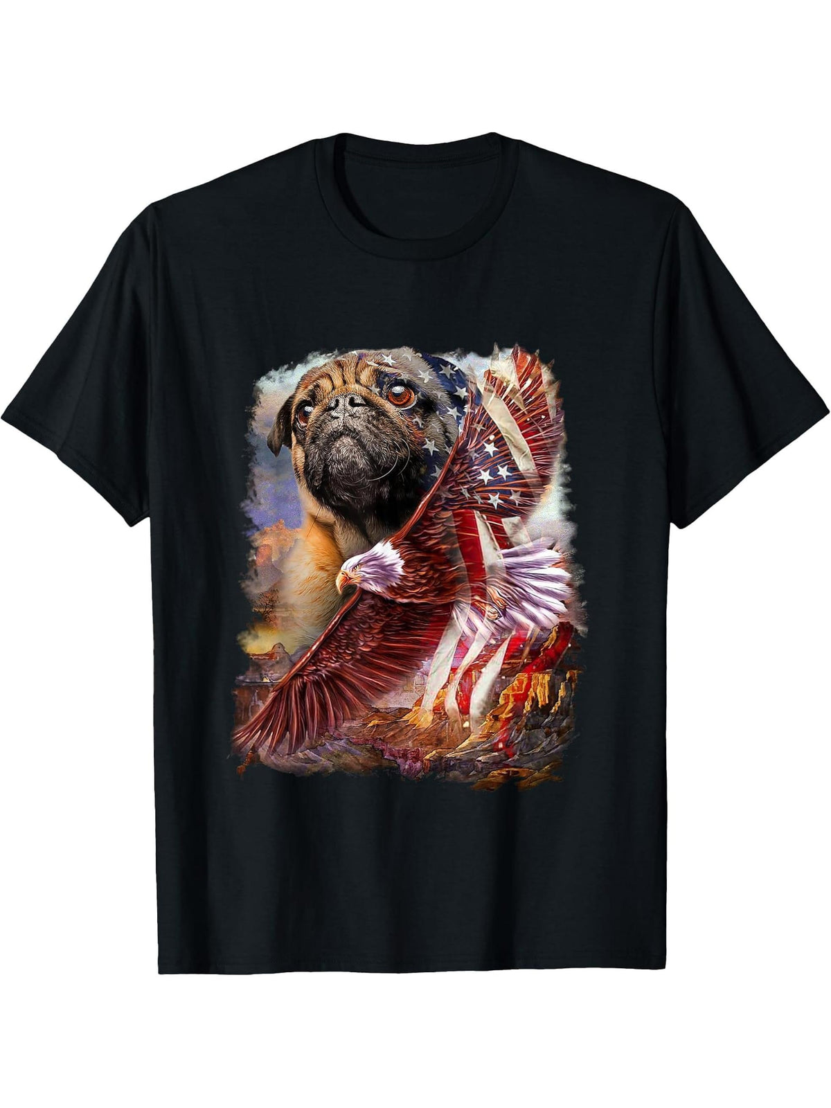Pug with bald eagle american flag T-Shirt 180G 100% Cotton Printed Round Neck Short-Sleeve T-Shirt, Gifts for Men Dad Husband Grandpa, S-XXXL, Black