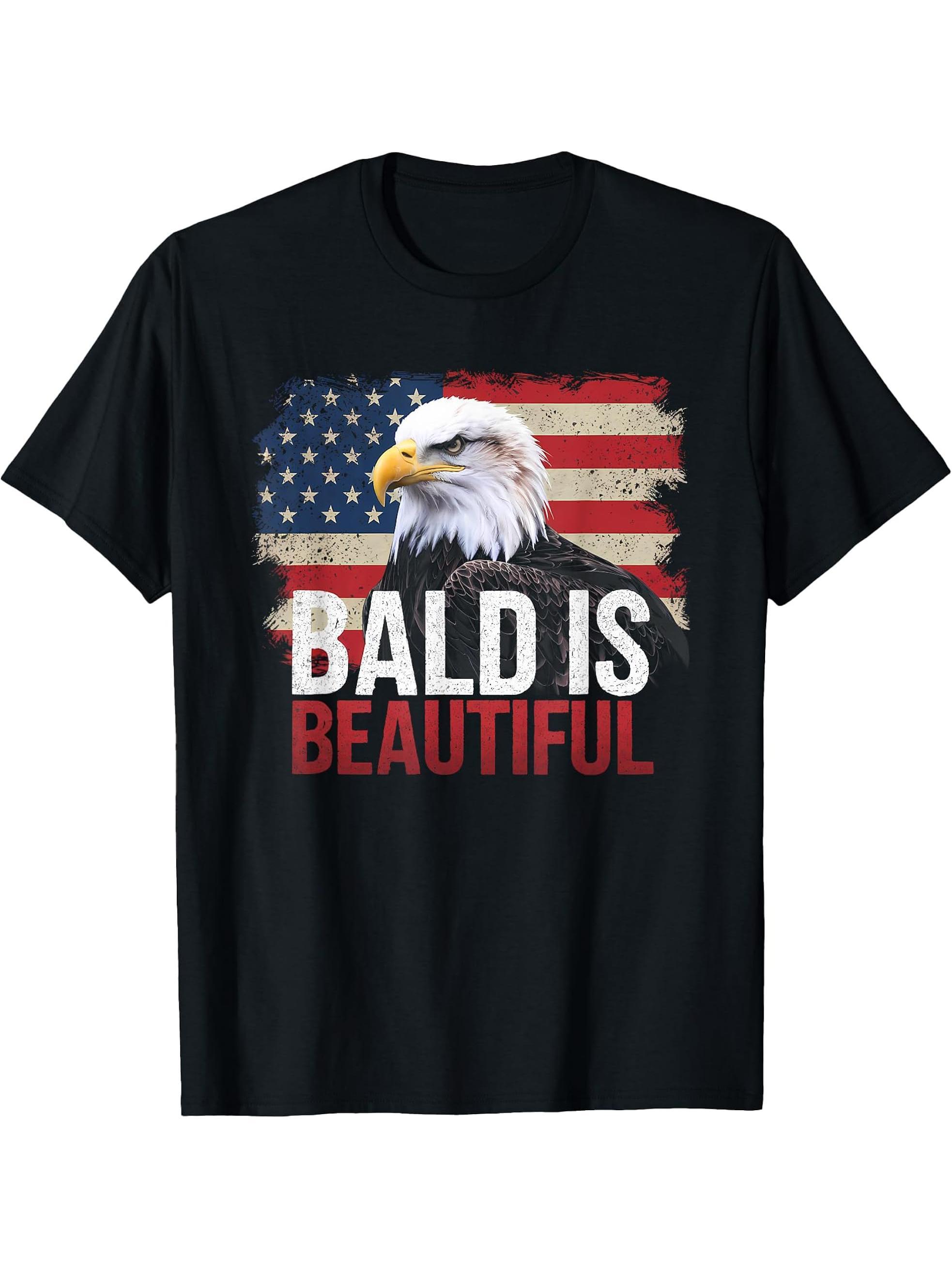 Bald Is Beautiful 4th July Independence Day Bald Eagle Dad T-Shirt 180G 100% Cotton Printed Round Neck Short-Sleeve T-Shirt, Gifts for Men Dad Husband Grandpa, S-XXXL, Black