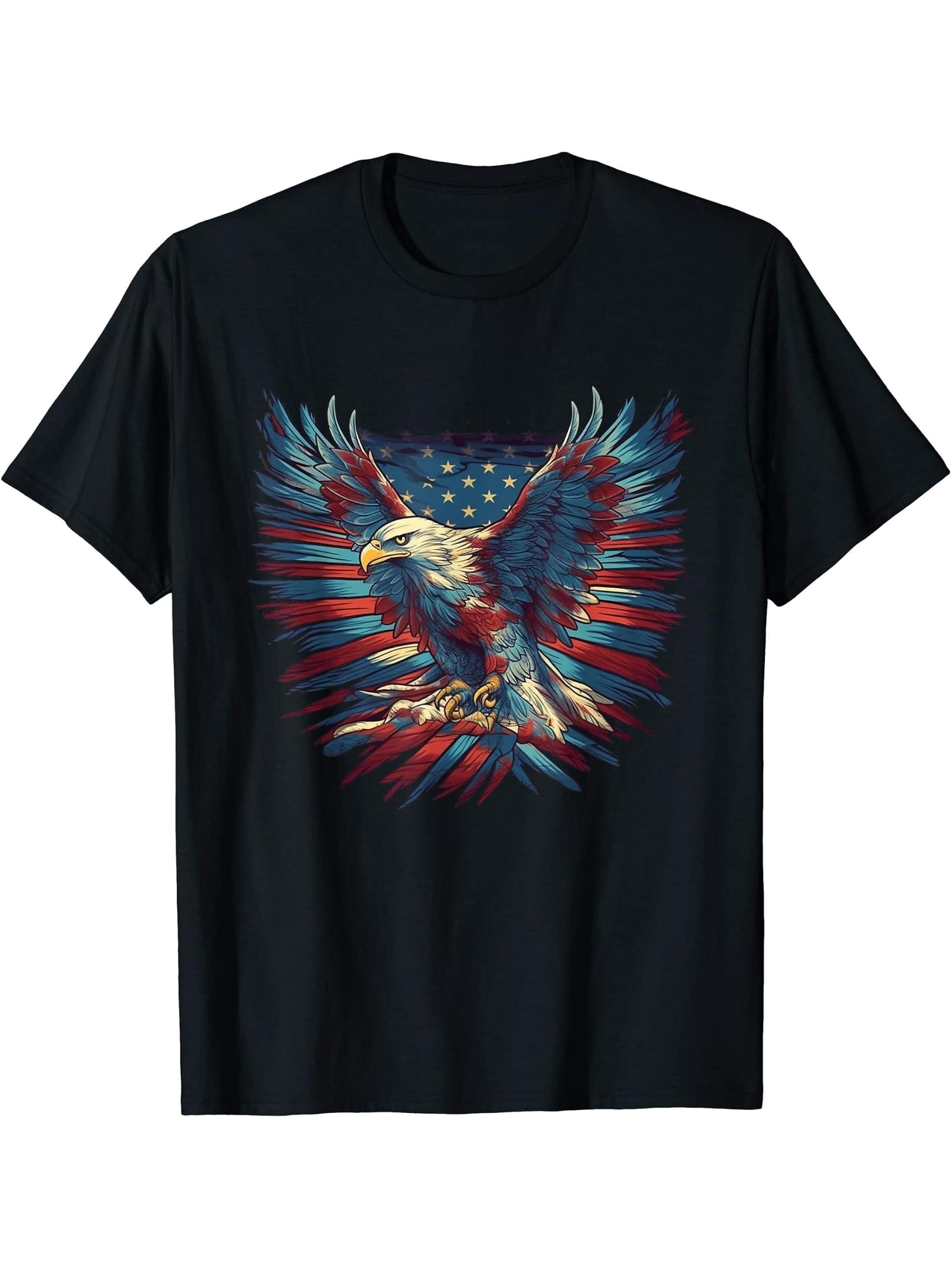 American Bald Eagle Men Women Boy Girl T-Shirt 180G 100% Cotton Printed Round Neck Short-Sleeve T-Shirt, Gifts for Men Dad Husband Grandpa, S-XXXL, Black