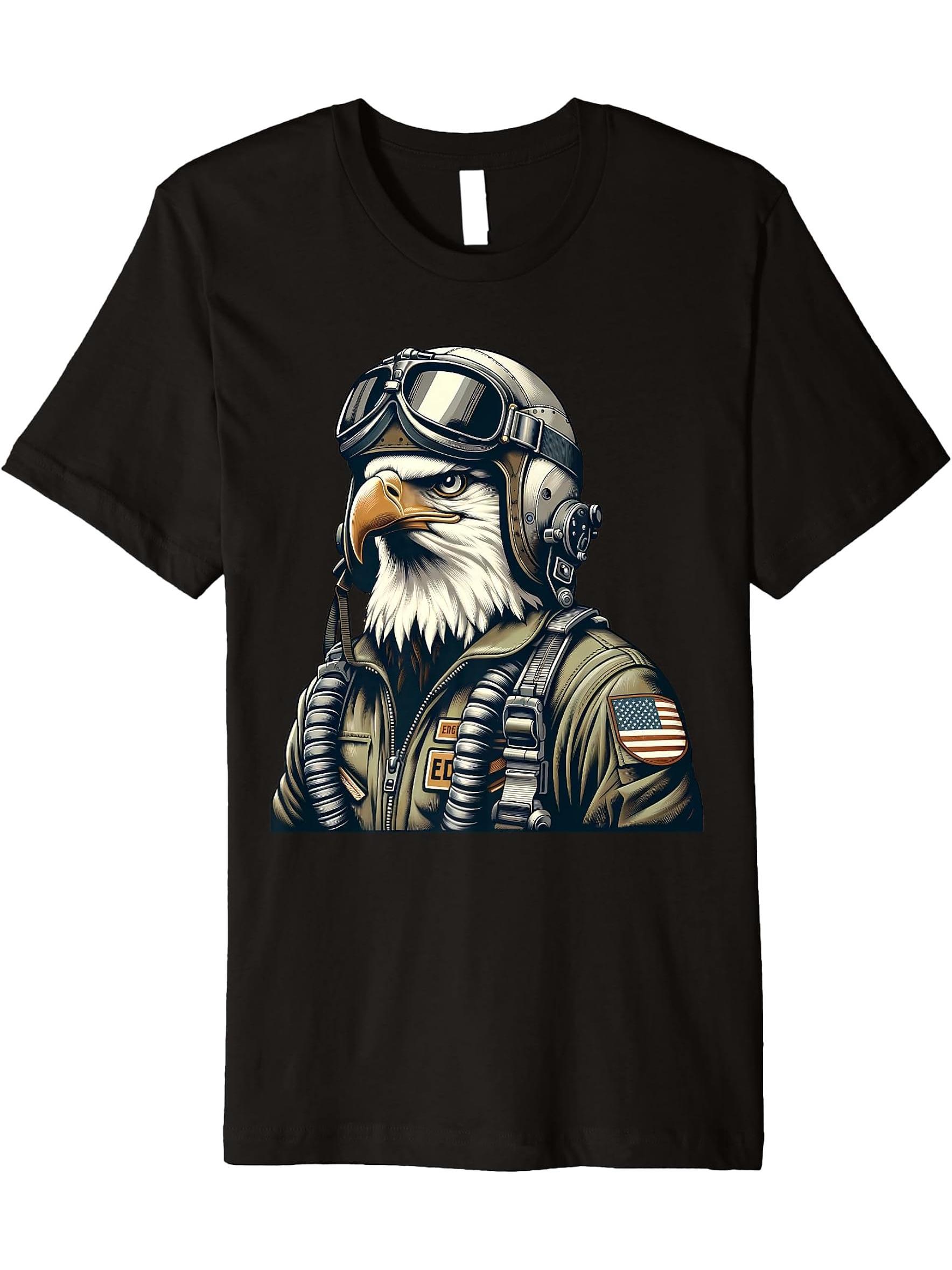 Bald Eagle Pilot Fighter Aviator Premium T-Shirt 180G 100% Cotton Printed Round Neck Short-Sleeve T-Shirt, Gifts for Men Dad Husband Grandpa, S-XXXL, Black