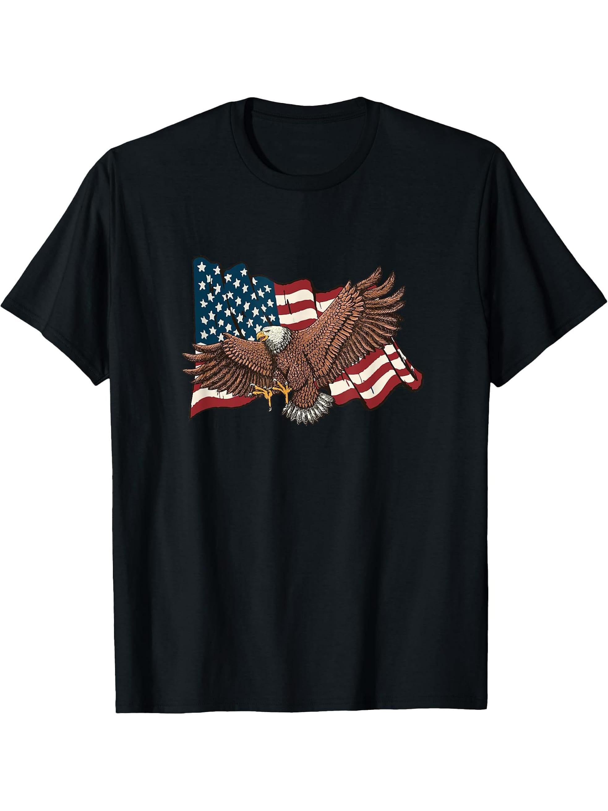 Vintage American Bald Eagle Flag American Bald Eagle T-Shirt 180G 100% Cotton Printed Round Neck Short-Sleeve T-Shirt, Gifts for Men Dad Husband Grandpa, S-XXXL, Black
