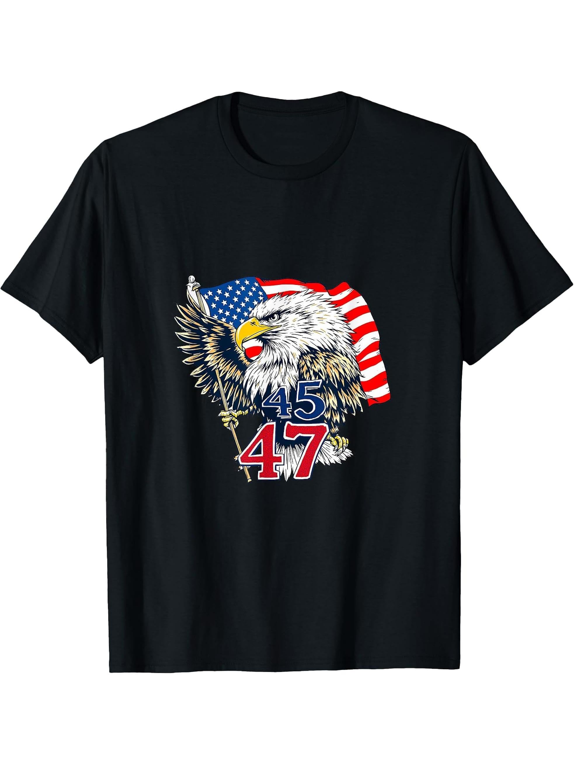 Patriotic American Bald Eagle 45 47, President T-Shirt 180G 100% Cotton Printed Round Neck Short-Sleeve T-Shirt, Gifts for Men Dad Husband Grandpa, S-XXXL, Black