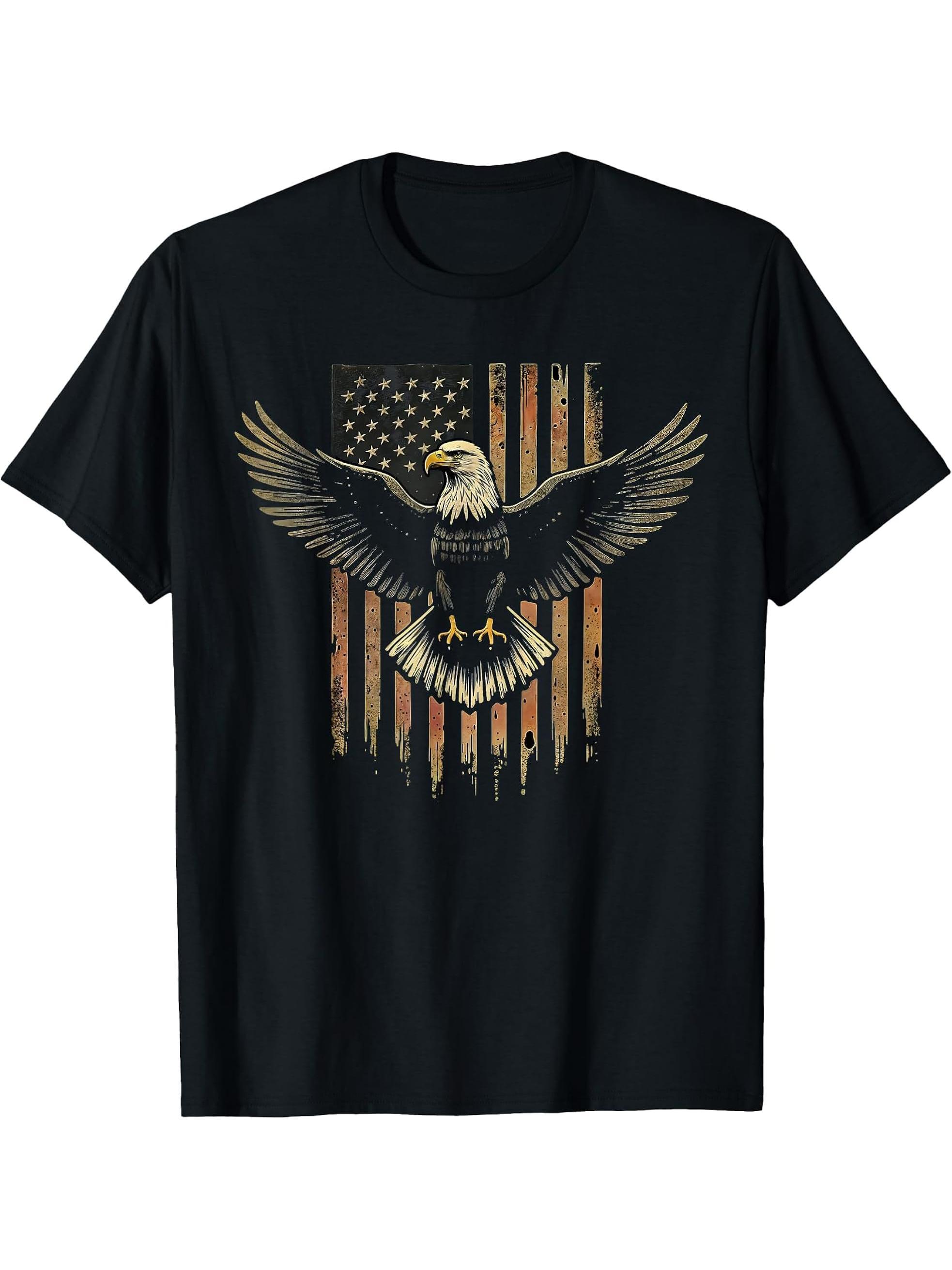 Bald Eagle US American Flag 4th Of July Proud Patriotic T-Shirt 180G 100% Cotton Printed Round Neck Short-Sleeve T-Shirt, Gifts for Men Dad Husband Grandpa, S-XXXL, Black