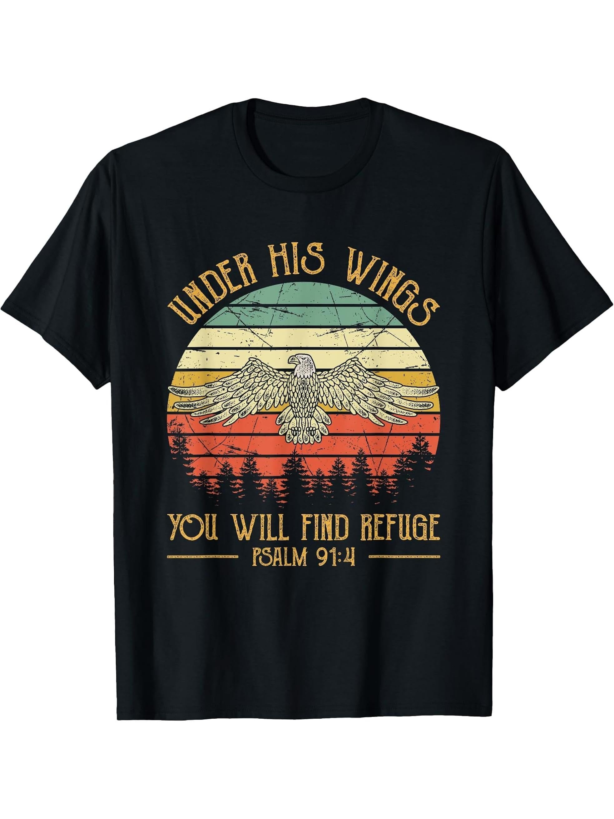 Under His Wings You Will Find Refuge Christian Bald Eagle T-Shirt 180G 100% Cotton Printed Round Neck Short-Sleeve T-Shirt, Gifts for Men Dad Husband Grandpa, S-XXXL, Black