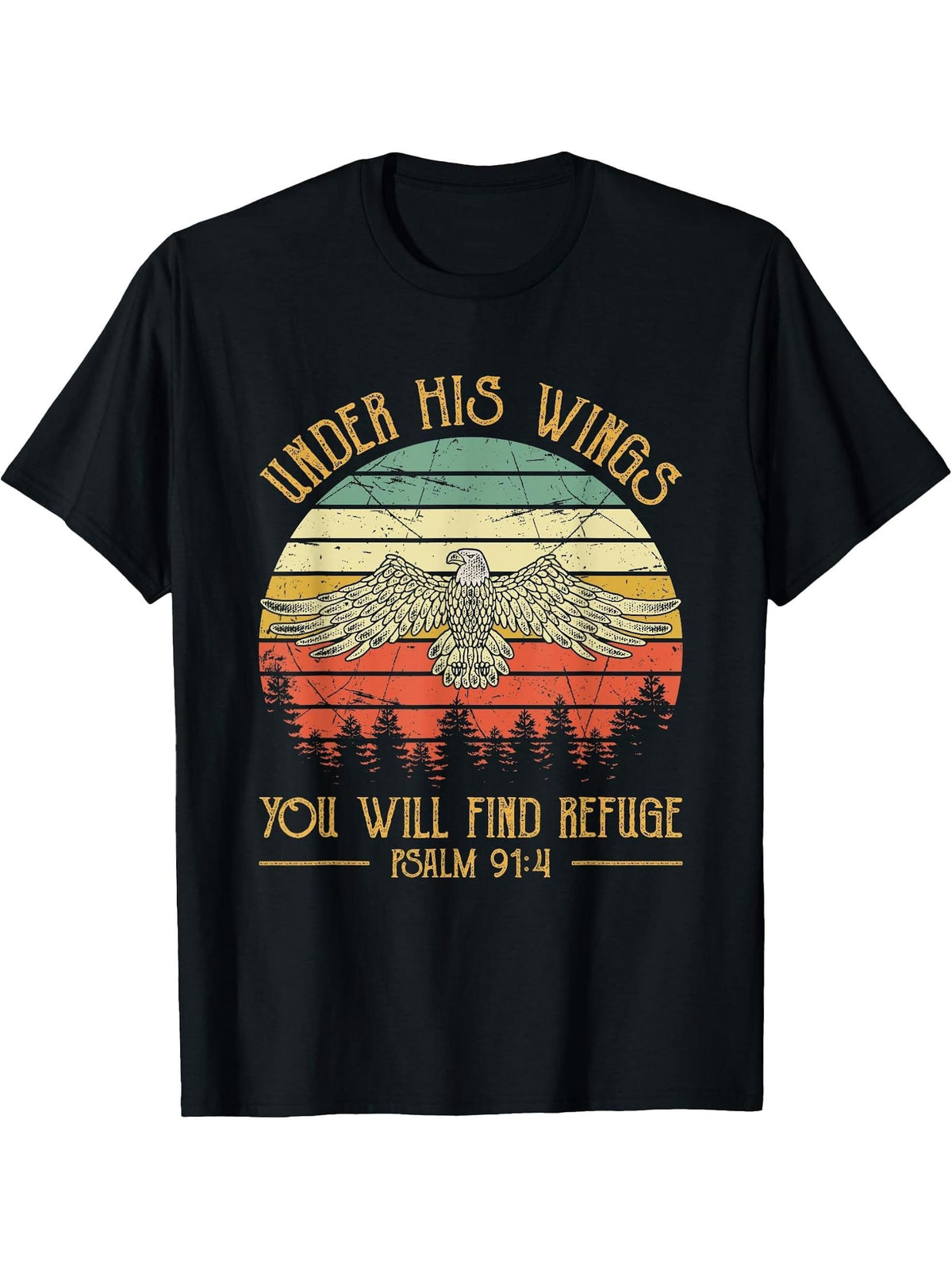 Under His Wings You Will Find Refuge Christian Bald Eagle T-Shirt 180G 100% Cotton Printed Round Neck Short-Sleeve T-Shirt, Gifts for Men Dad Husband Grandpa, S-XXXL, Black