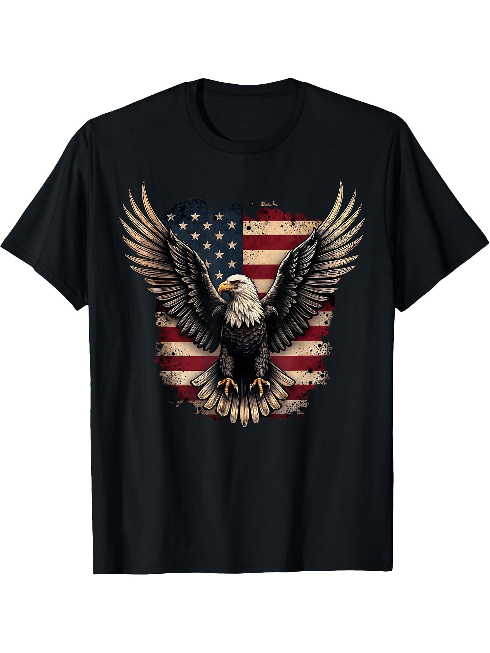 Bald Eagle US American Flag 4th of July Proud Patriotic T-Shirt 180G 100% Cotton Printed Round Neck Short-Sleeve T-Shirt, Gifts for Men Dad Husband Grandpa, S-XXXL, Black