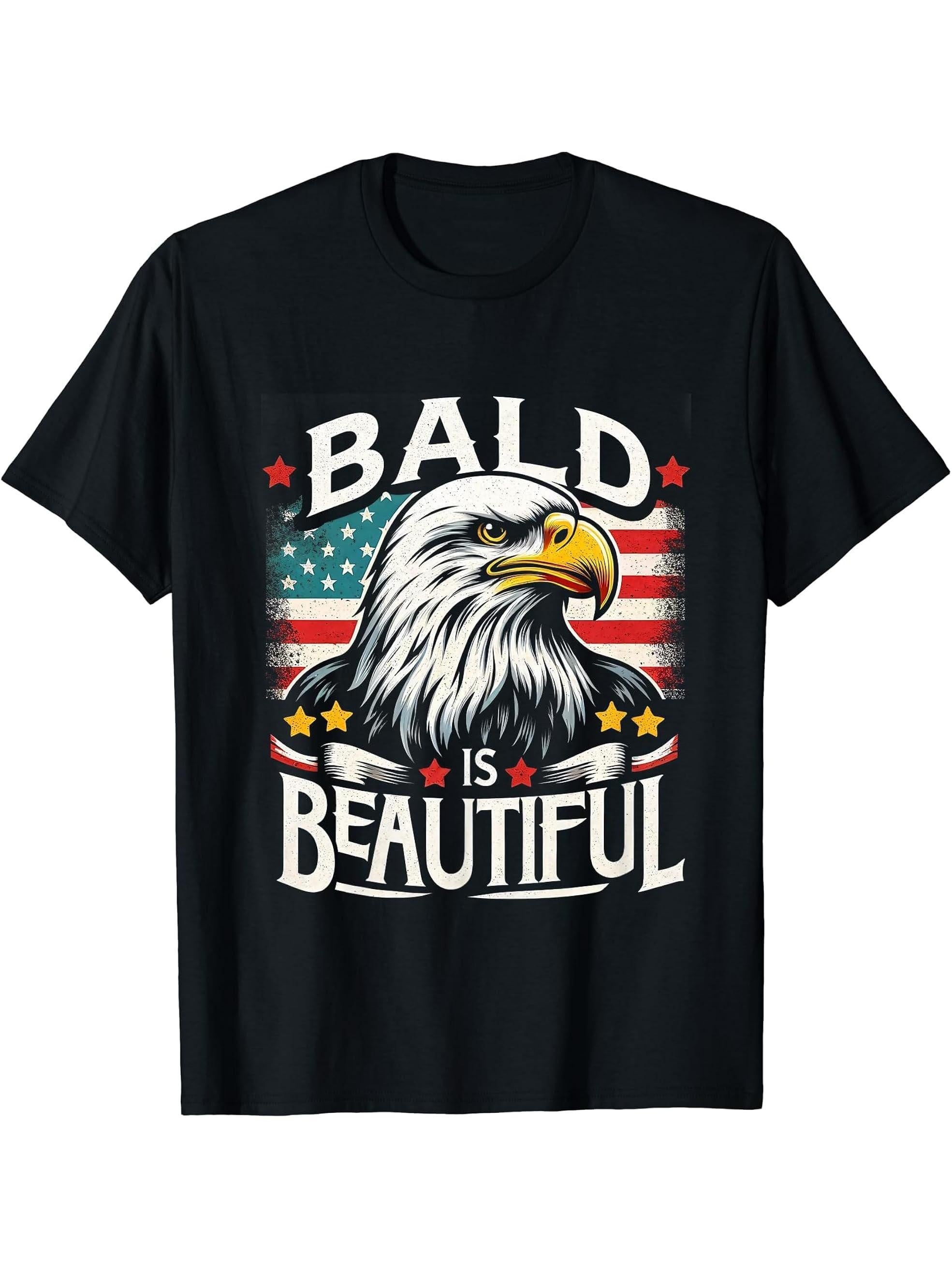 Bald Is Beautiful 4th of July Bald Eagle Independence Day T-Shirt 180G 100% Cotton Printed Round Neck Short-Sleeve T-Shirt, Gifts for Men Dad Husband Grandpa, S-XXXL, Black