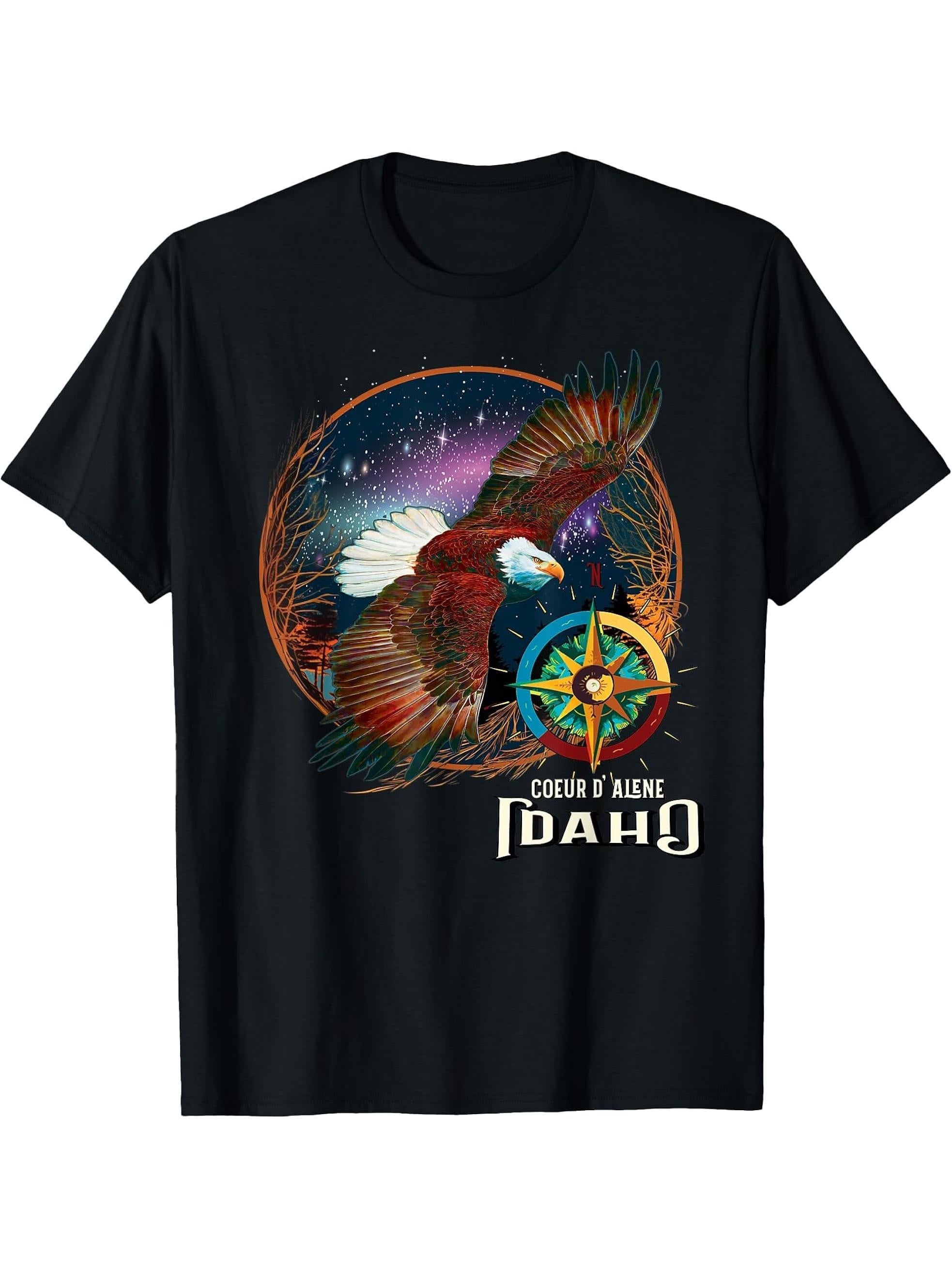 Coeur d' Alene Saint Joe River Dark Sky American Bald Eagle T-Shirt 180G 100% Cotton Printed Round Neck Short-Sleeve T-Shirt, Gifts for Men Dad Husband Grandpa, S-XXXL, Black