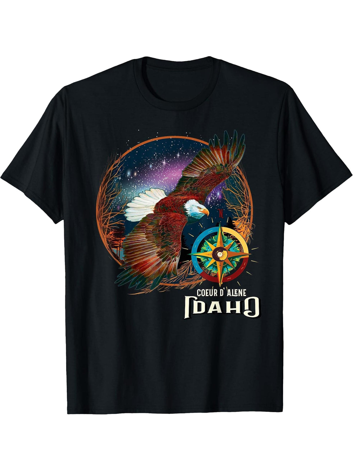 Coeur d' Alene Saint Joe River Dark Sky American Bald Eagle T-Shirt 180G 100% Cotton Printed Round Neck Short-Sleeve T-Shirt, Gifts for Men Dad Husband Grandpa, S-XXXL, Black