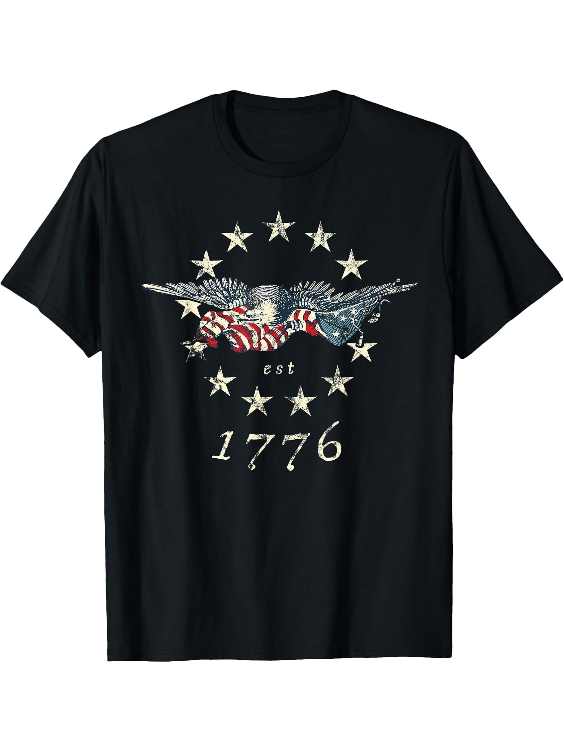 Bald Eagle Flag Vintage 1776 T-Shirt 180G 100% Cotton Printed Round Neck Short-Sleeve T-Shirt, Gifts for Men Dad Husband Grandpa, S-XXXL, Black