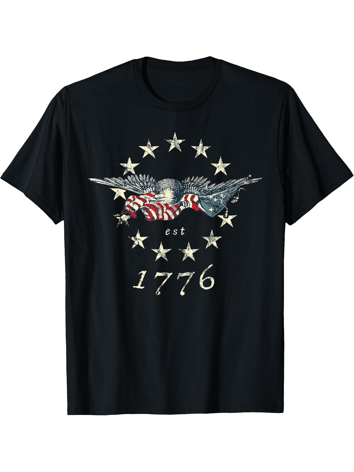 Bald Eagle Flag Vintage 1776 T-Shirt 180G 100% Cotton Printed Round Neck Short-Sleeve T-Shirt, Gifts for Men Dad Husband Grandpa, S-XXXL, Black