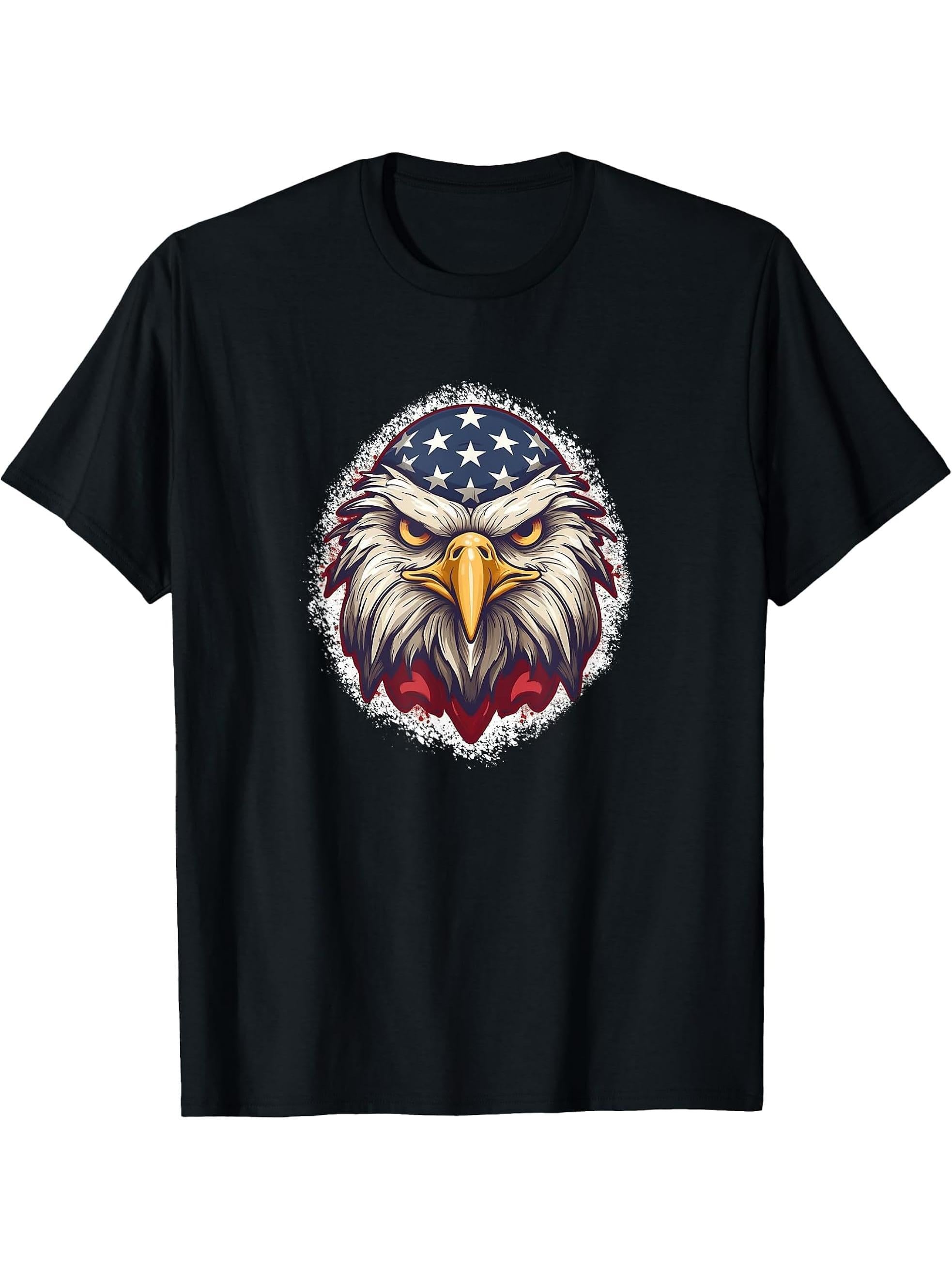 Biker Bald Eagle | 4th of July | USA | Patriotic T-Shirt 180G 100% Cotton Printed Round Neck Short-Sleeve T-Shirt, Gifts for Men Dad Husband Grandpa, S-XXXL, Black