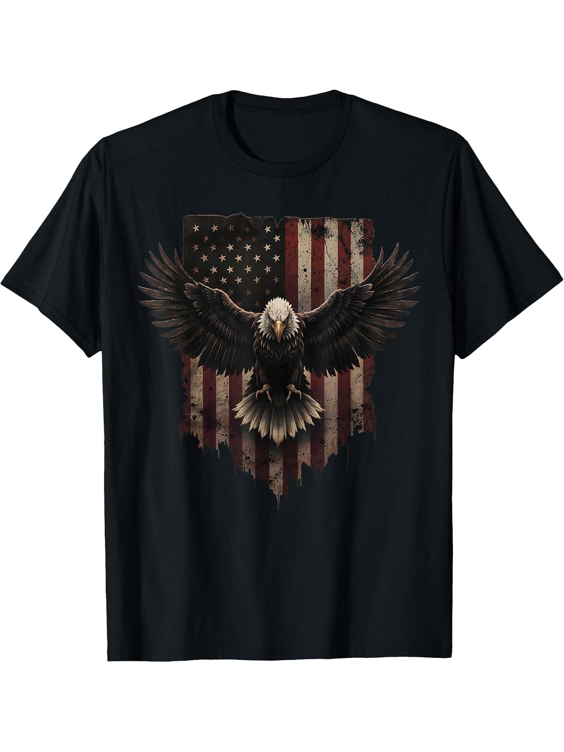 Bald Eagle US American Flag 4th Of July Proud Patriotic T-Shirt 180G 100% Cotton Printed Round Neck Short-Sleeve T-Shirt, Gifts for Men Dad Husband Grandpa, S-XXXL, Black