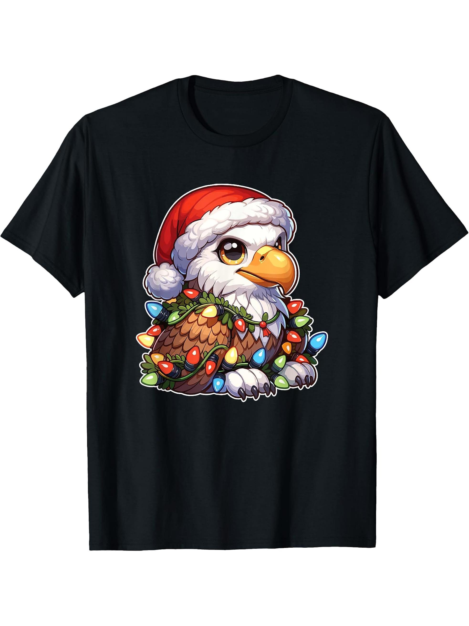 Christmas Light Chain Bald Eagle T-Shirt 180G 100% Cotton Printed Round Neck Short-Sleeve T-Shirt, Gifts for Men Dad Husband Grandpa, S-XXXL, Black